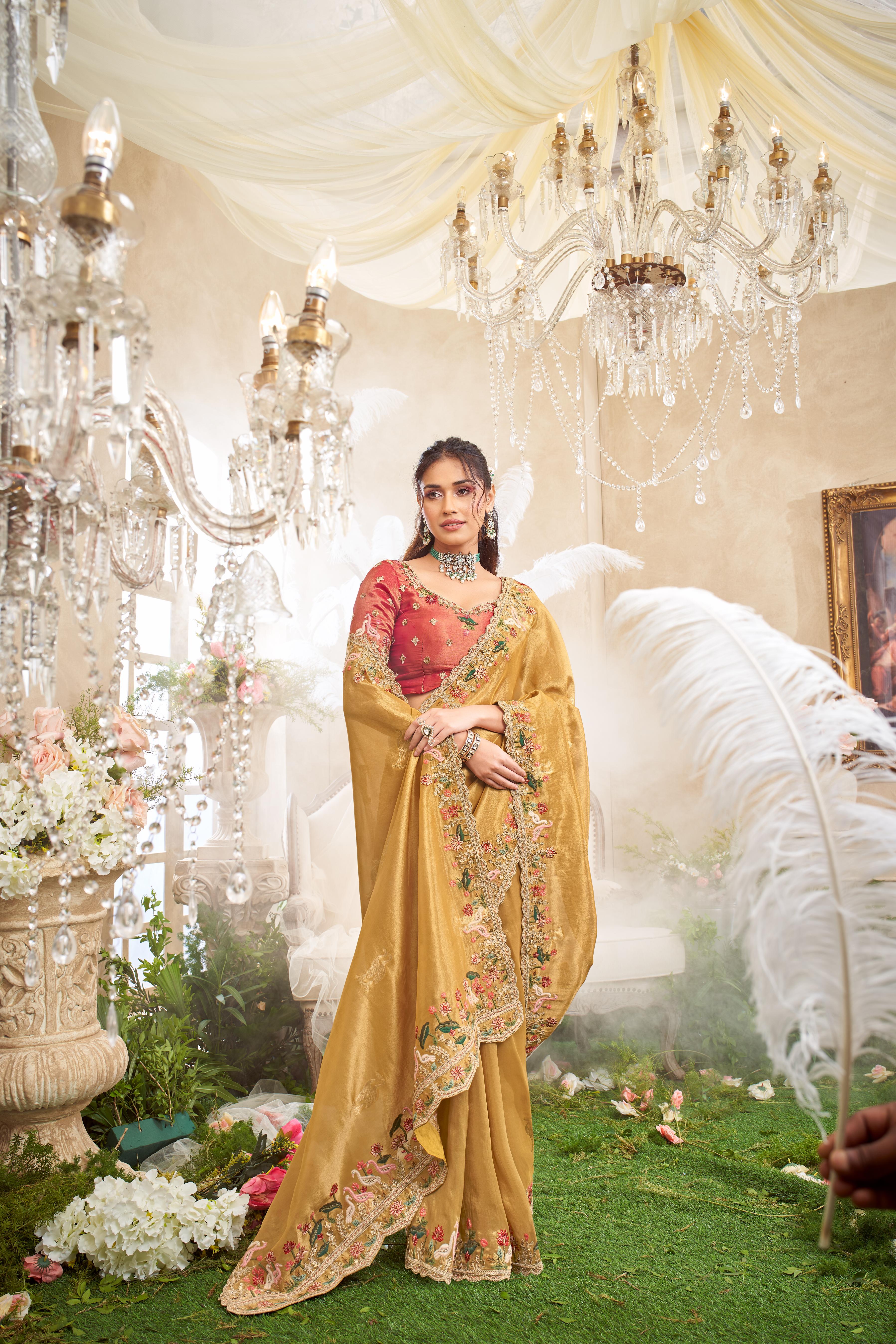 Golden Yellow Embellished Shimmer Tissue Silk Saree