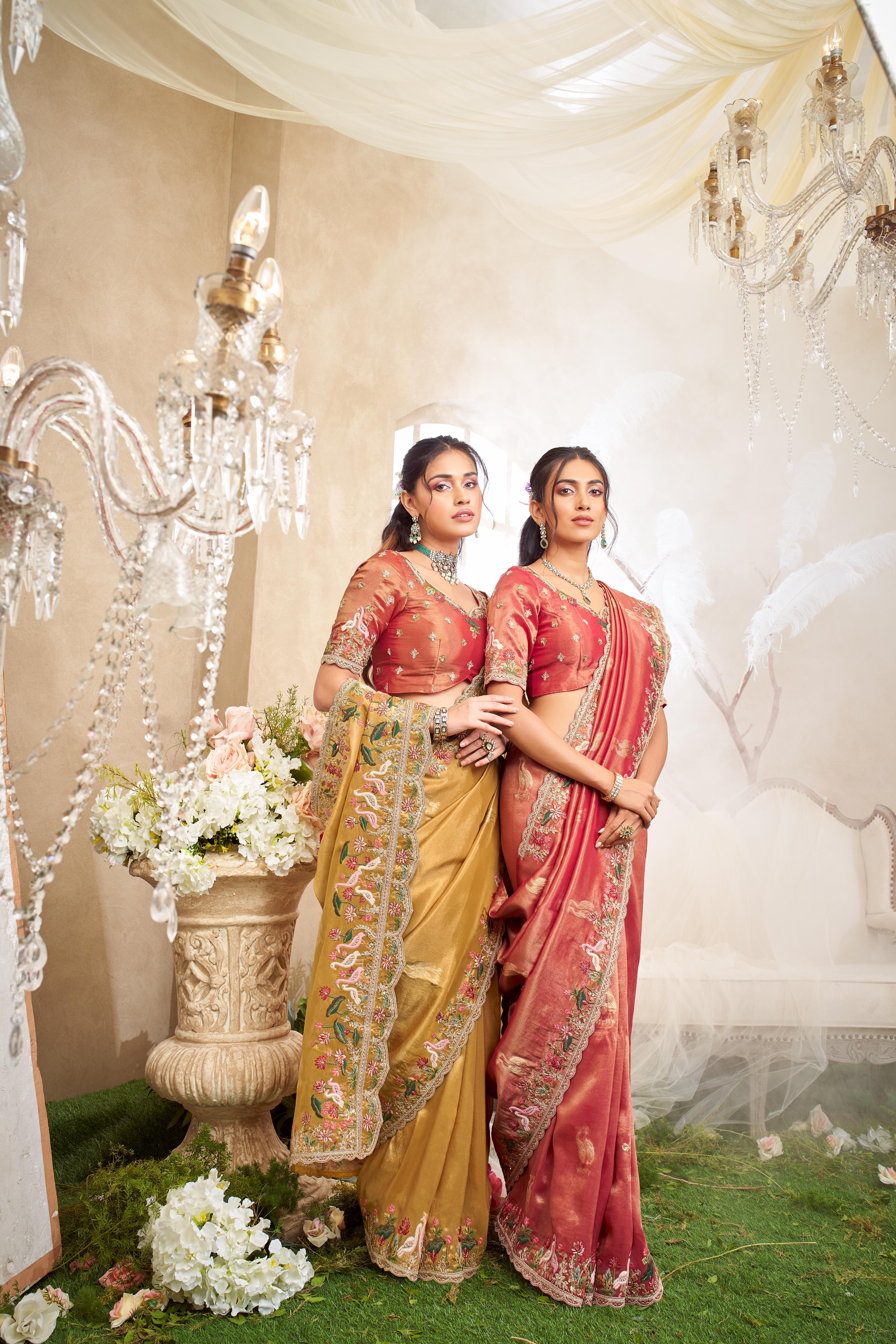 Golden Yellow Embellished Shimmer Tissue Silk Saree