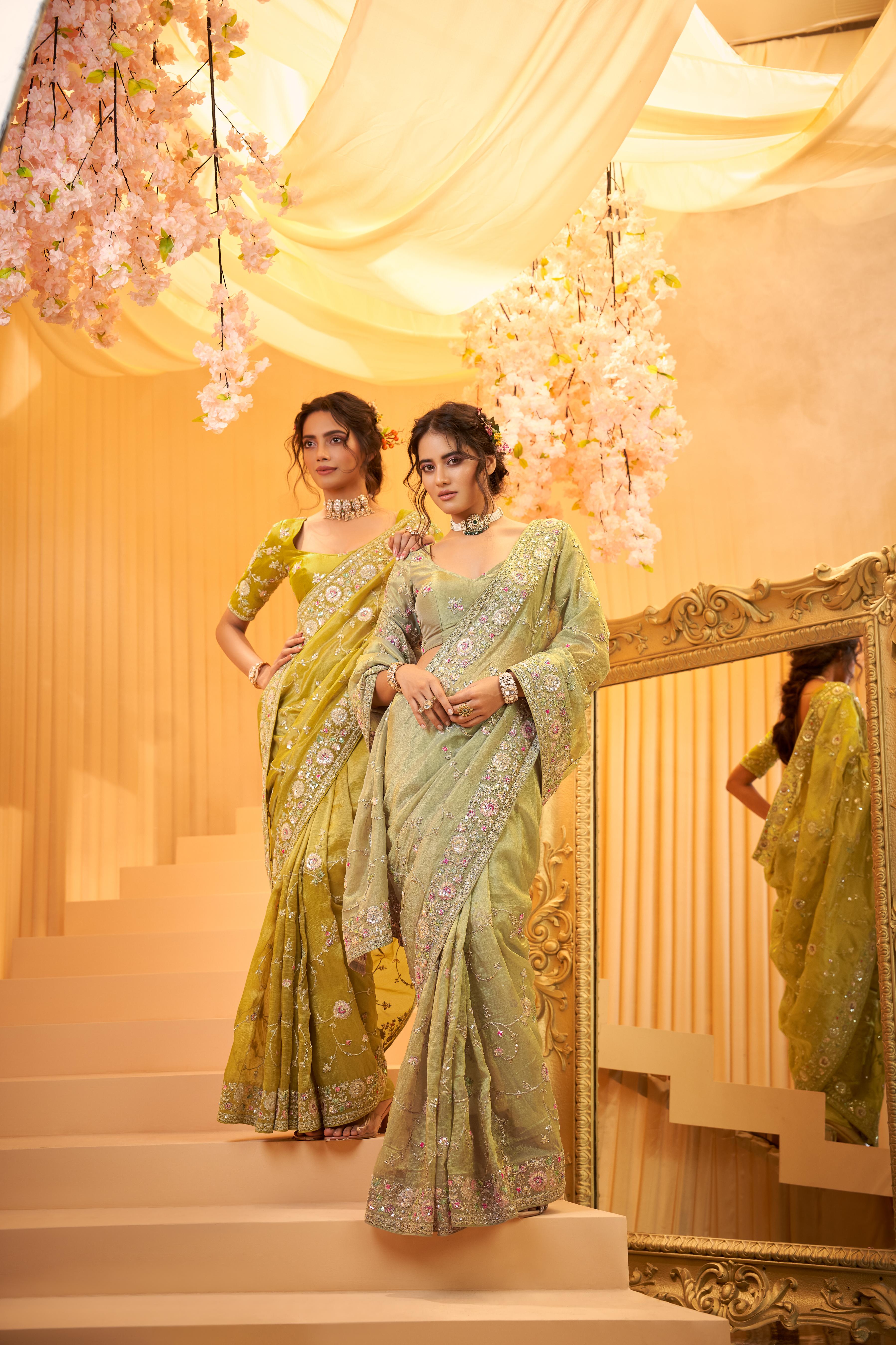 Pastel Green Embellished Organza Tissue Silk Saree