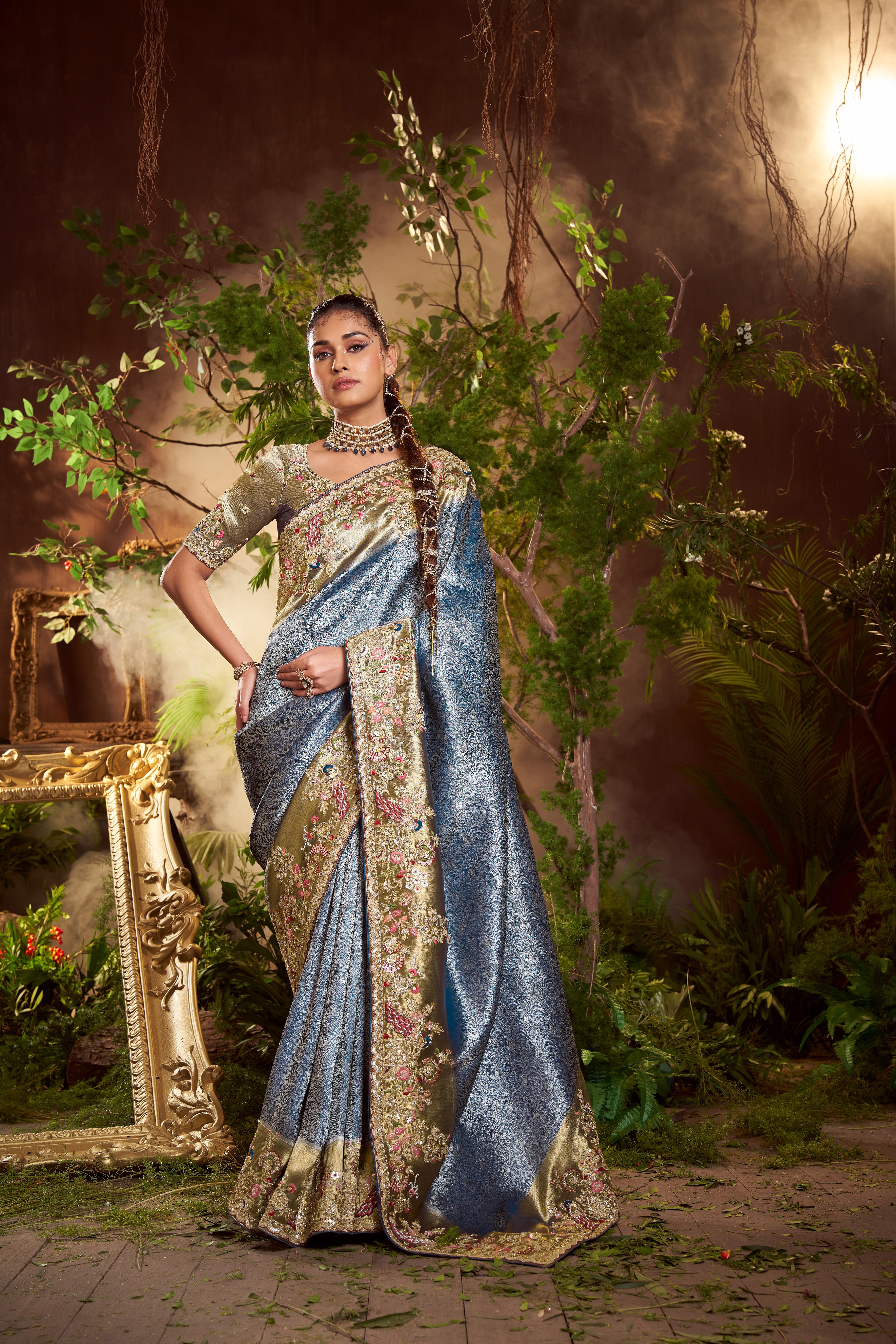 Dusky Blue Embellished Banarasi Silk Saree