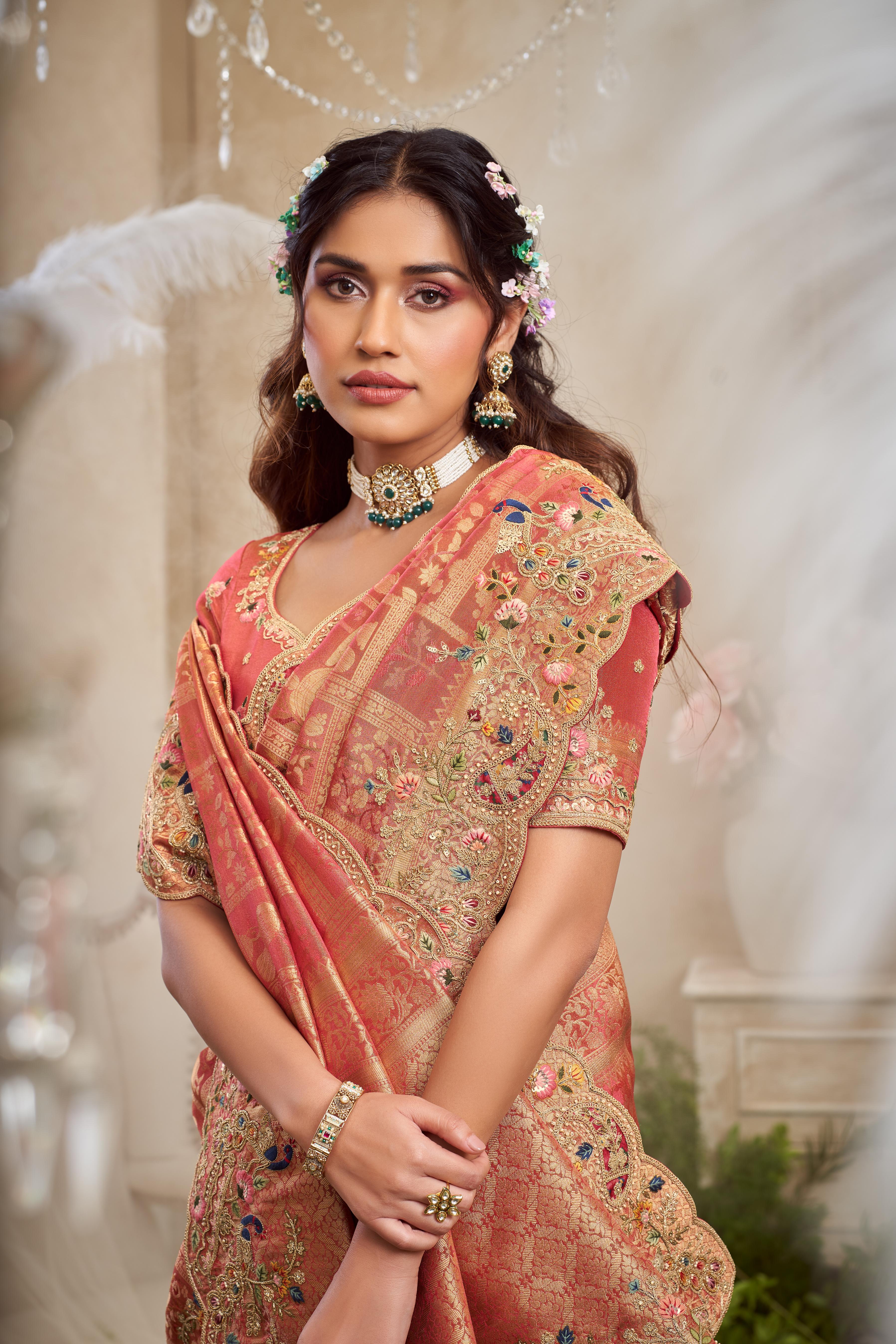 Rust Red Embellished Brocade Silk Saree