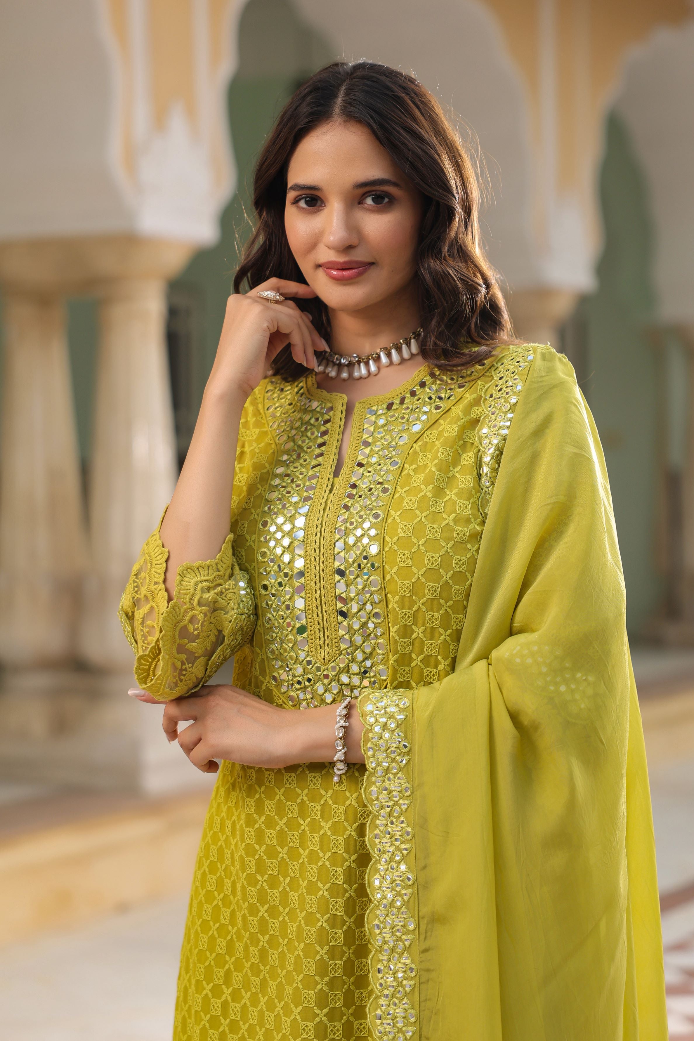 Pear Green Embroidered Georgette Silk Pants Set