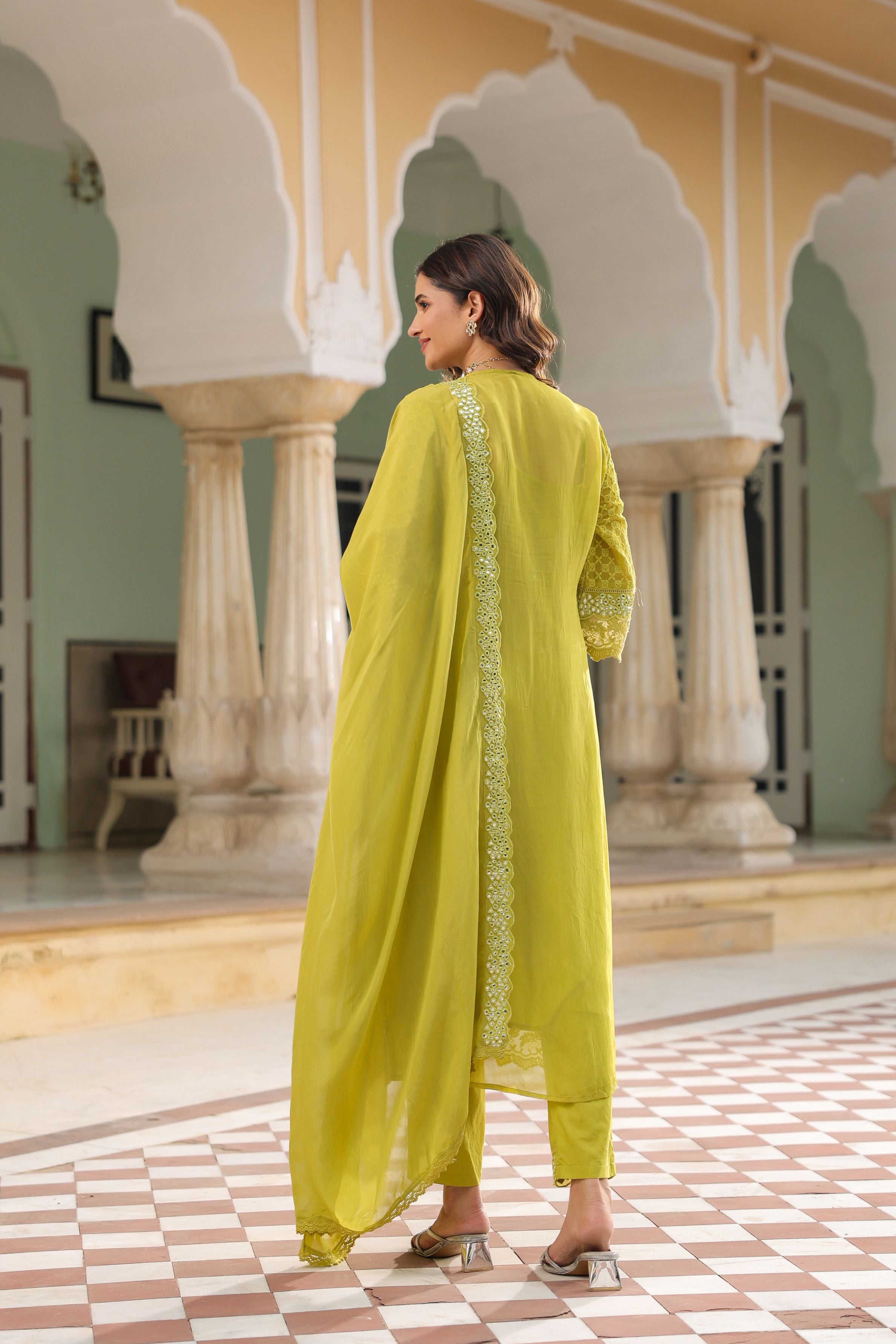 Pear Green Embroidered Georgette Silk Pants Set