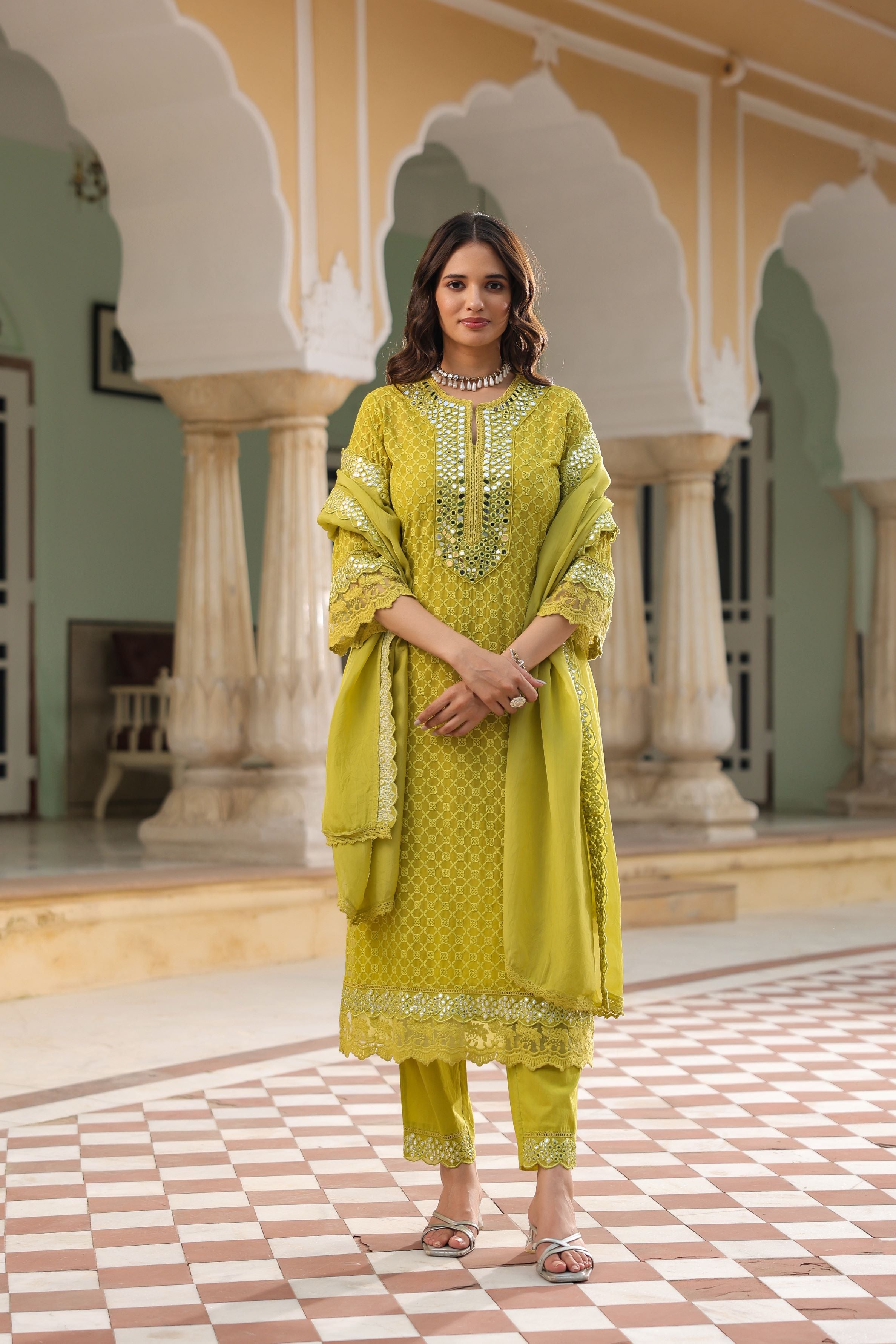 Pear Green Embroidered Georgette Silk Pants Set