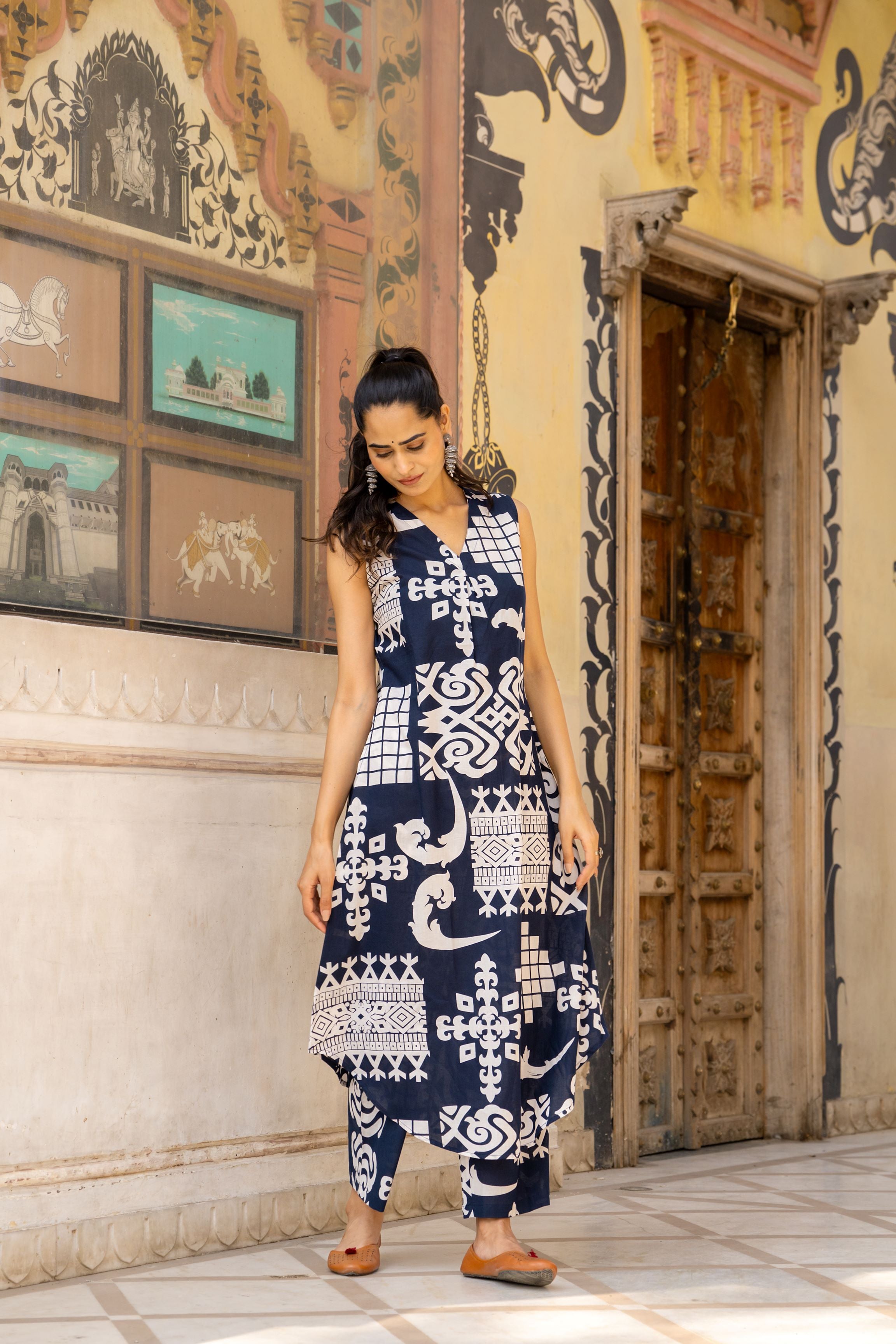 Blue Ethnic Printed Belgium Linen Co-Ord Set