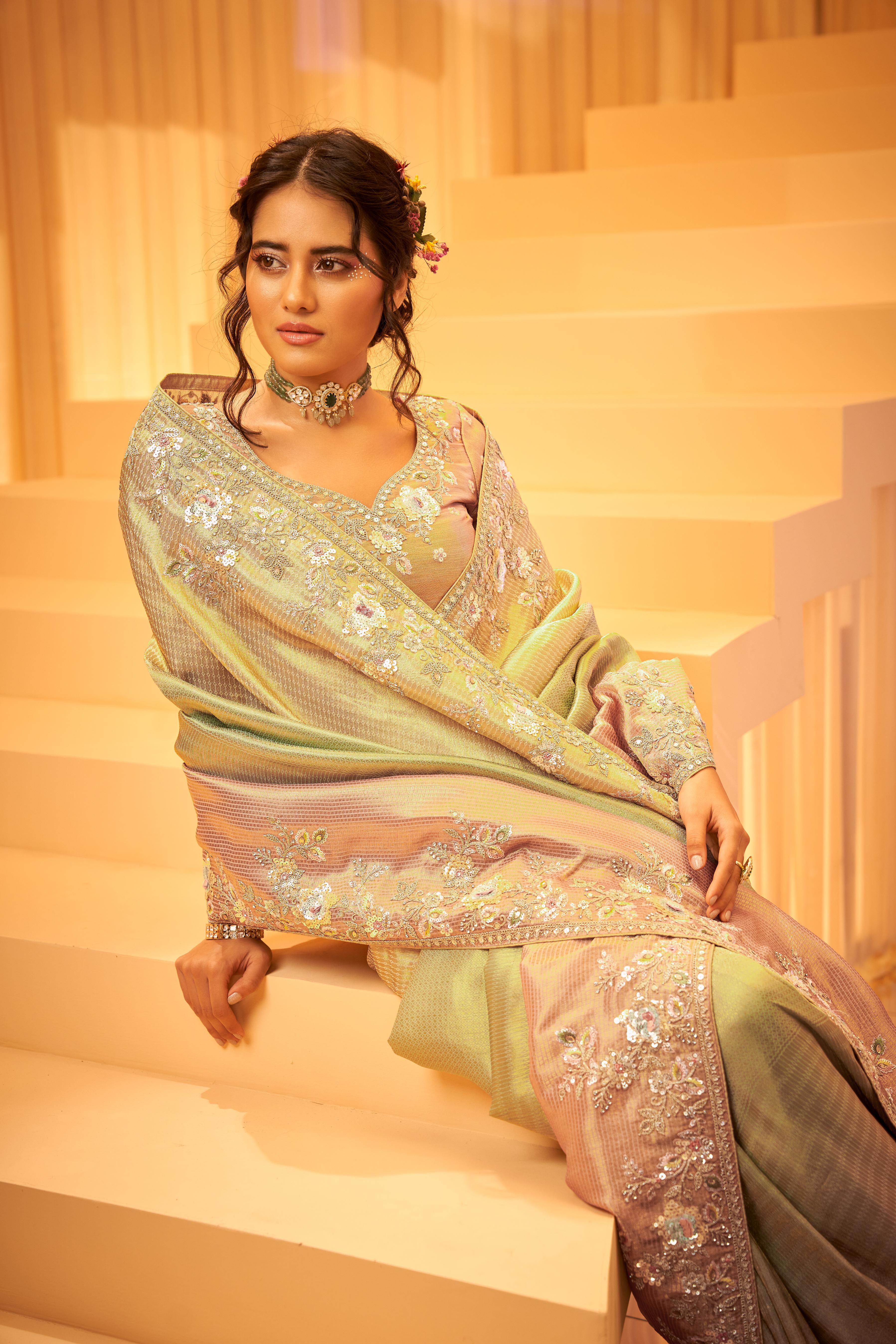 Soft Pink & Green Embellished Shimmer Tissue Silk Saree
