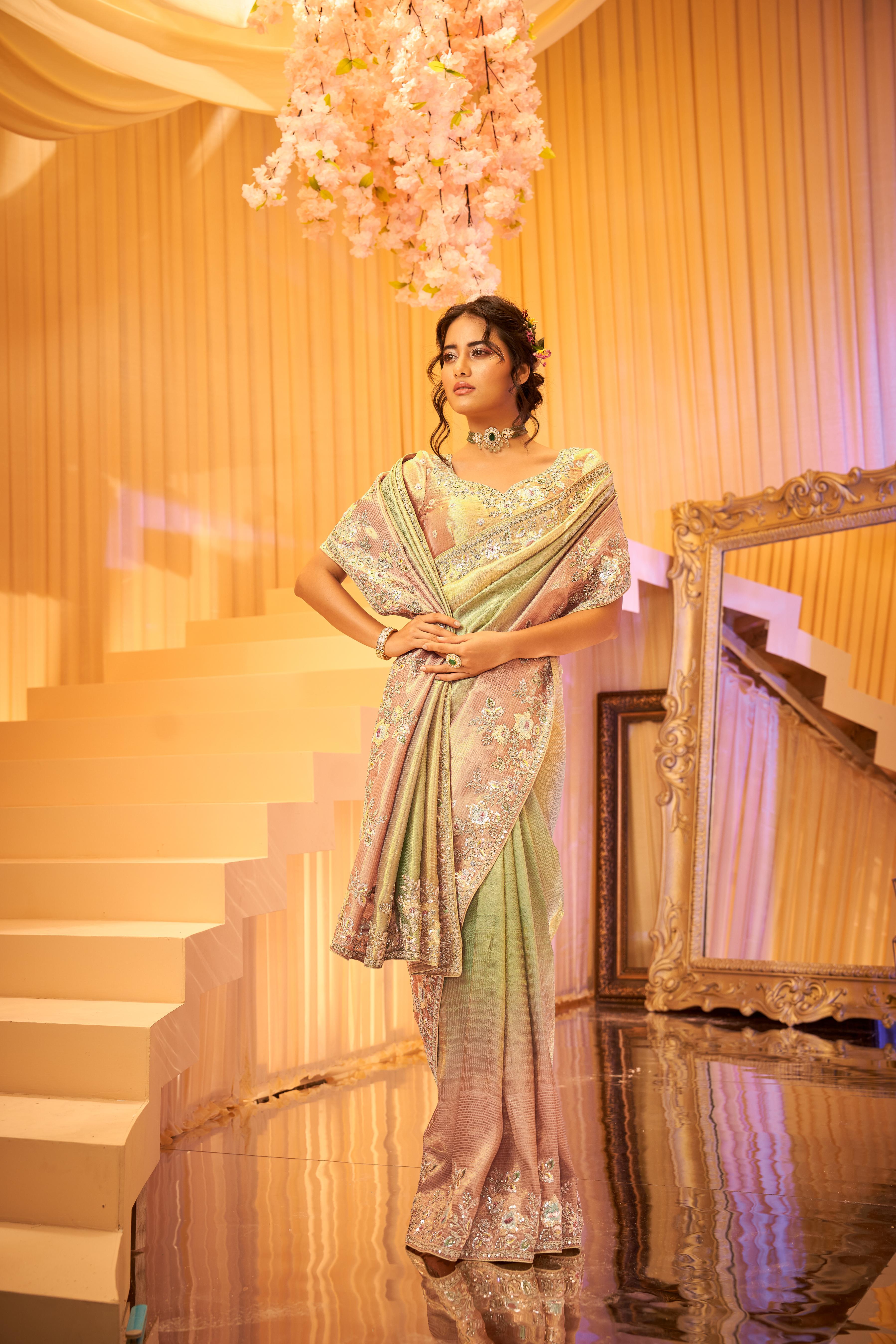 Soft Pink & Green Embellished Shimmer Tissue Silk Saree