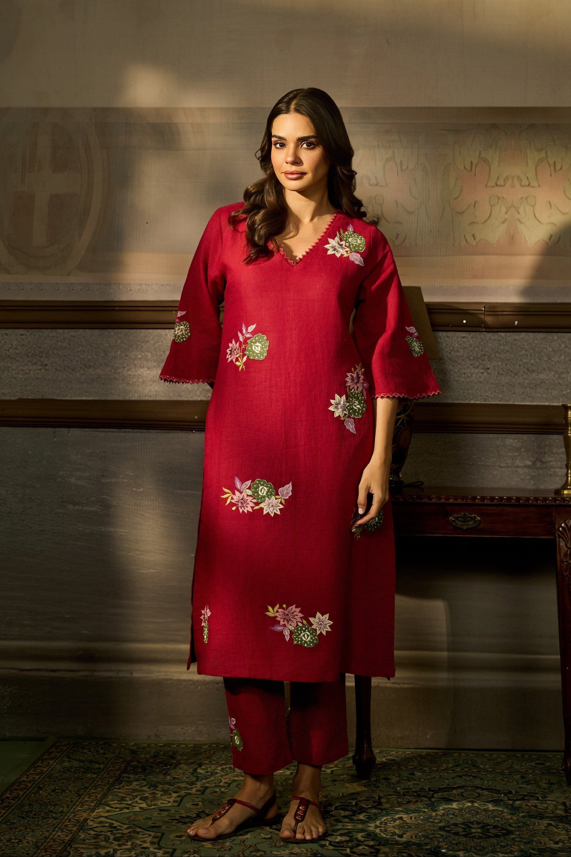 Ruby Red Embroidered Linen Kurta Set