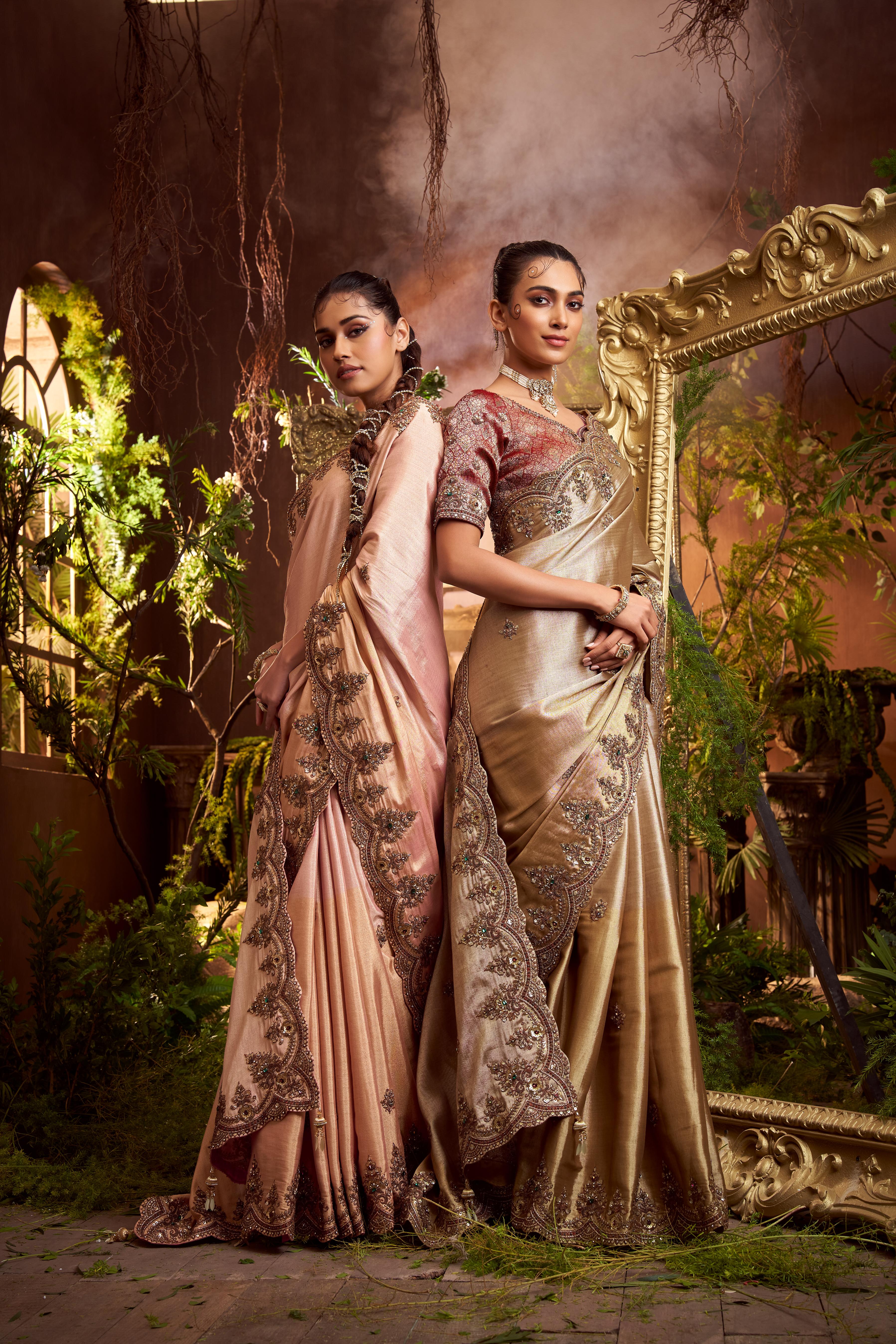Dusty Rose Embellished Shimmer Tissue Silk Saree