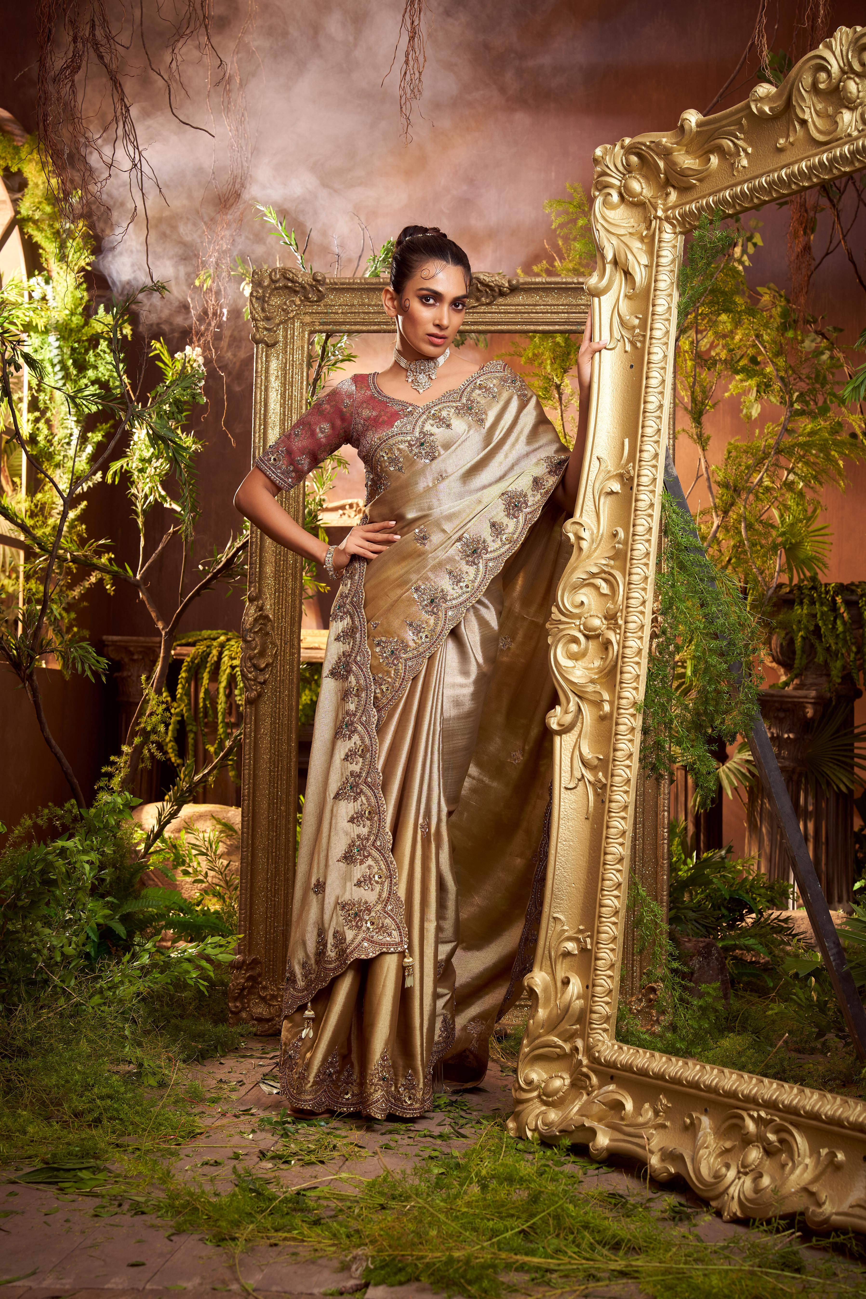 Bronze Gold Embellished Shimmer Tissue Silk Saree