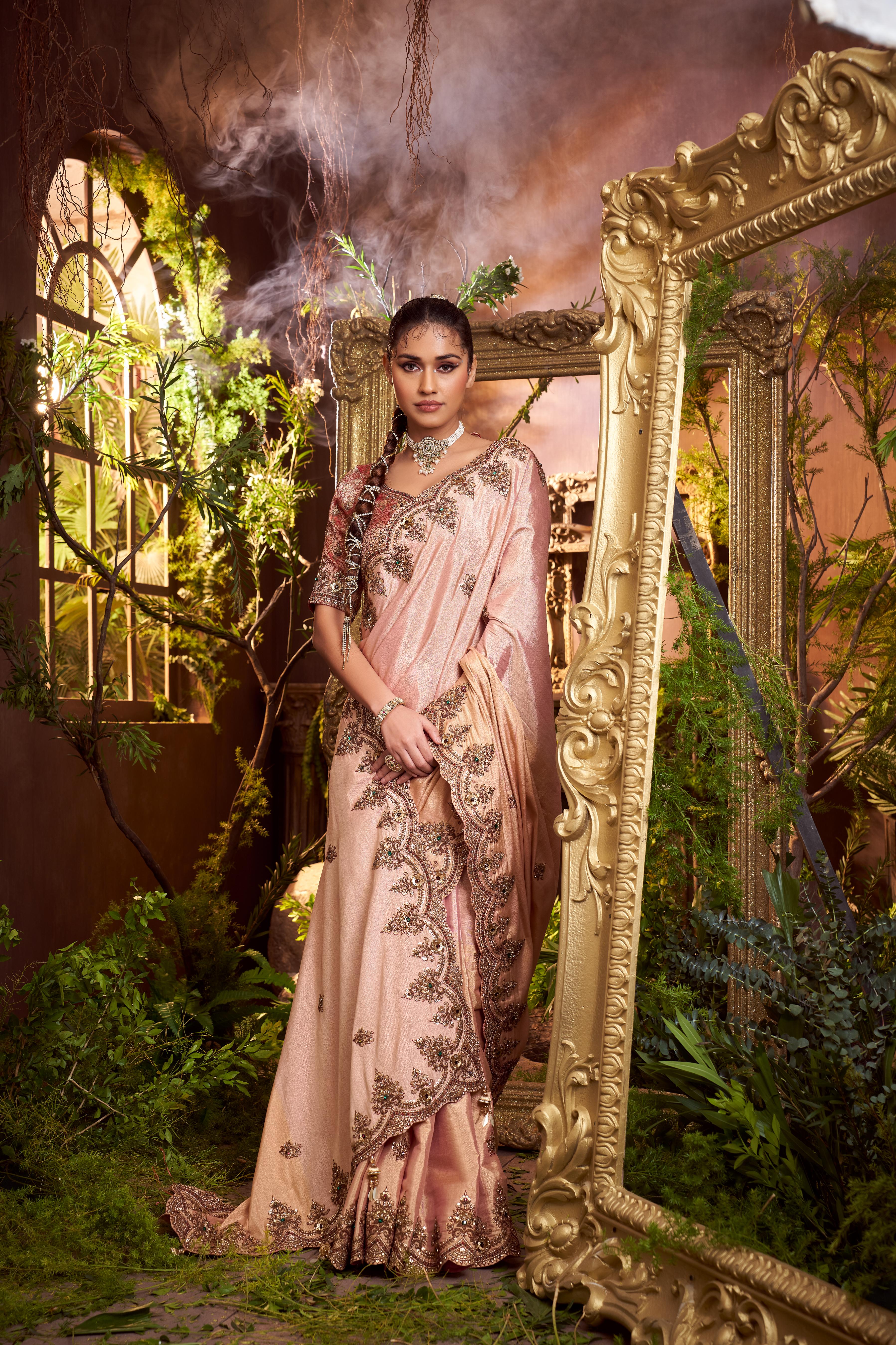 Dusty Rose Embellished Shimmer Tissue Silk Saree