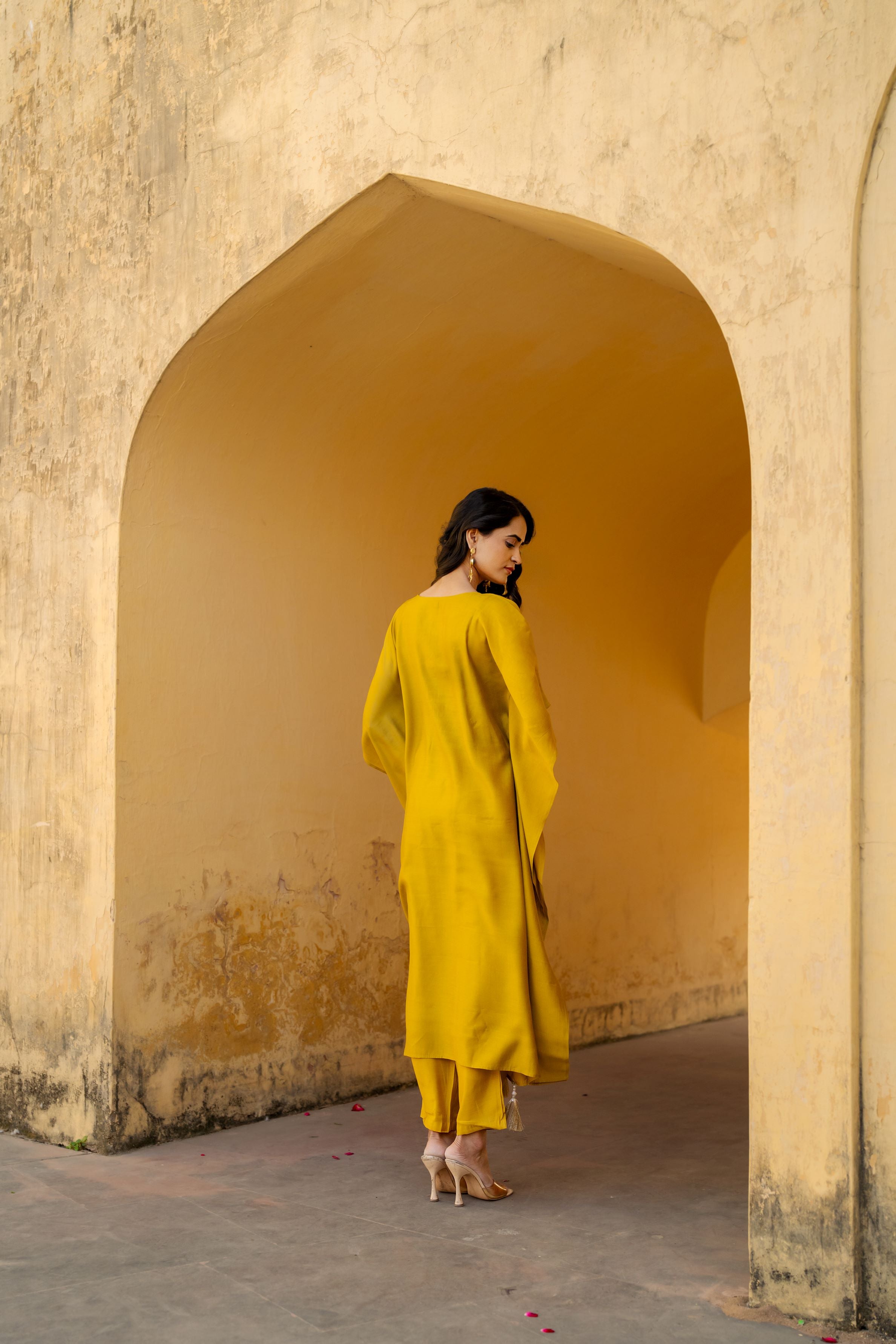 Golden Yellow Embellished Premium Silk Kaftan Set