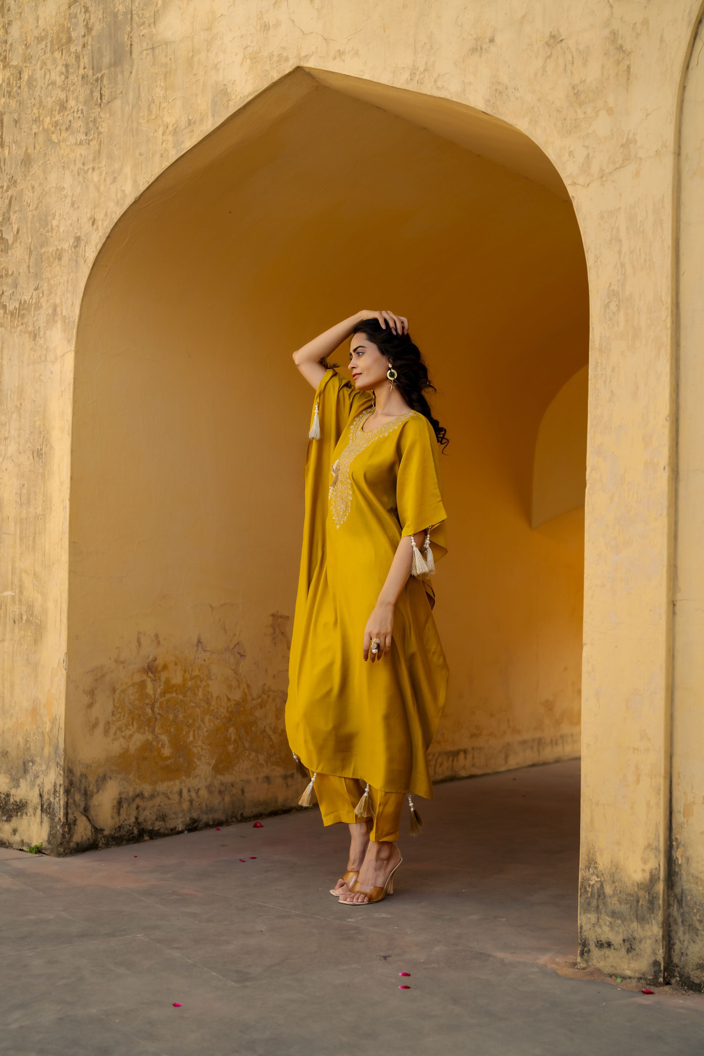 Golden Yellow Embellished Premium Silk Kaftan Set