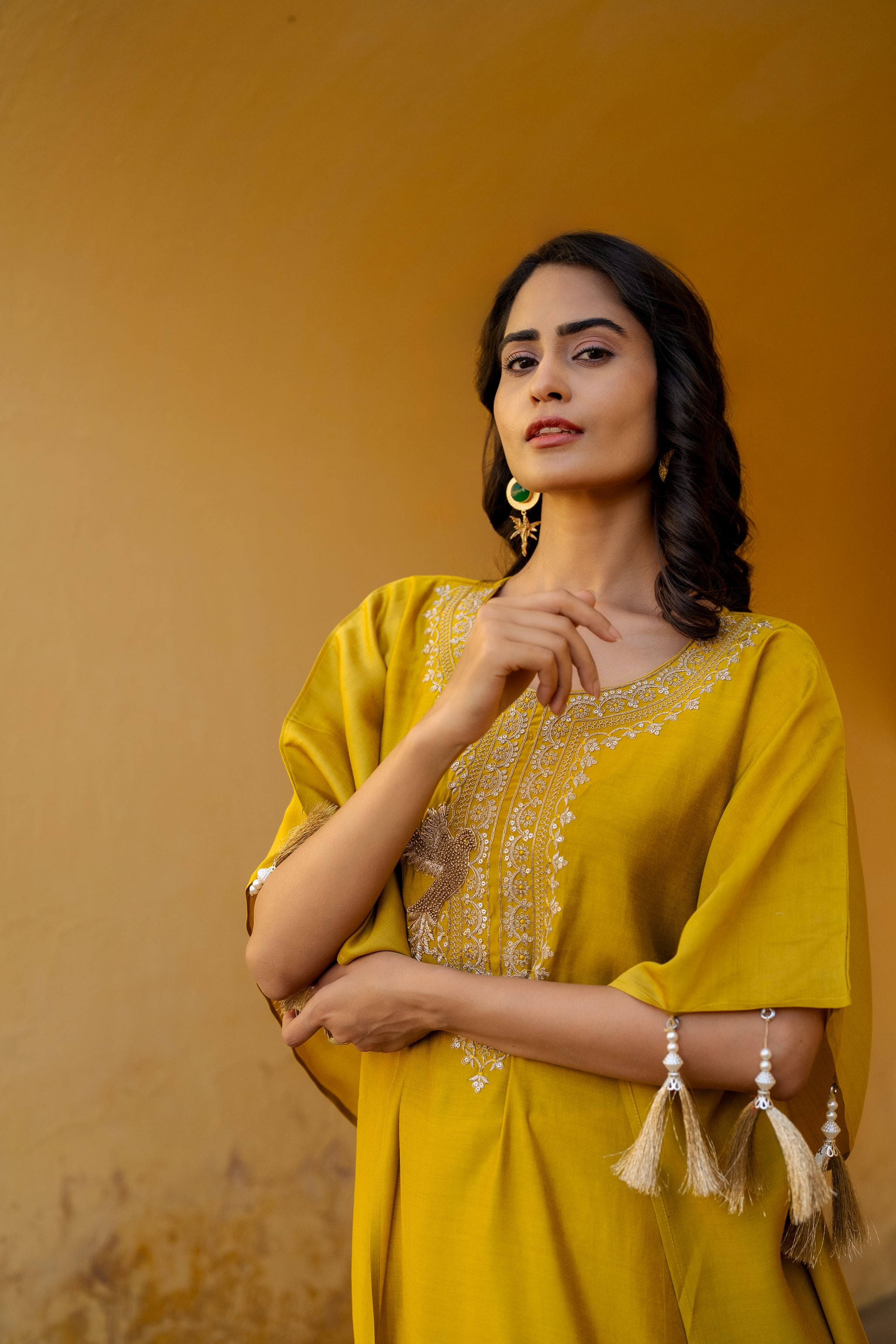 Golden Yellow Embellished Premium Silk Kaftan Set