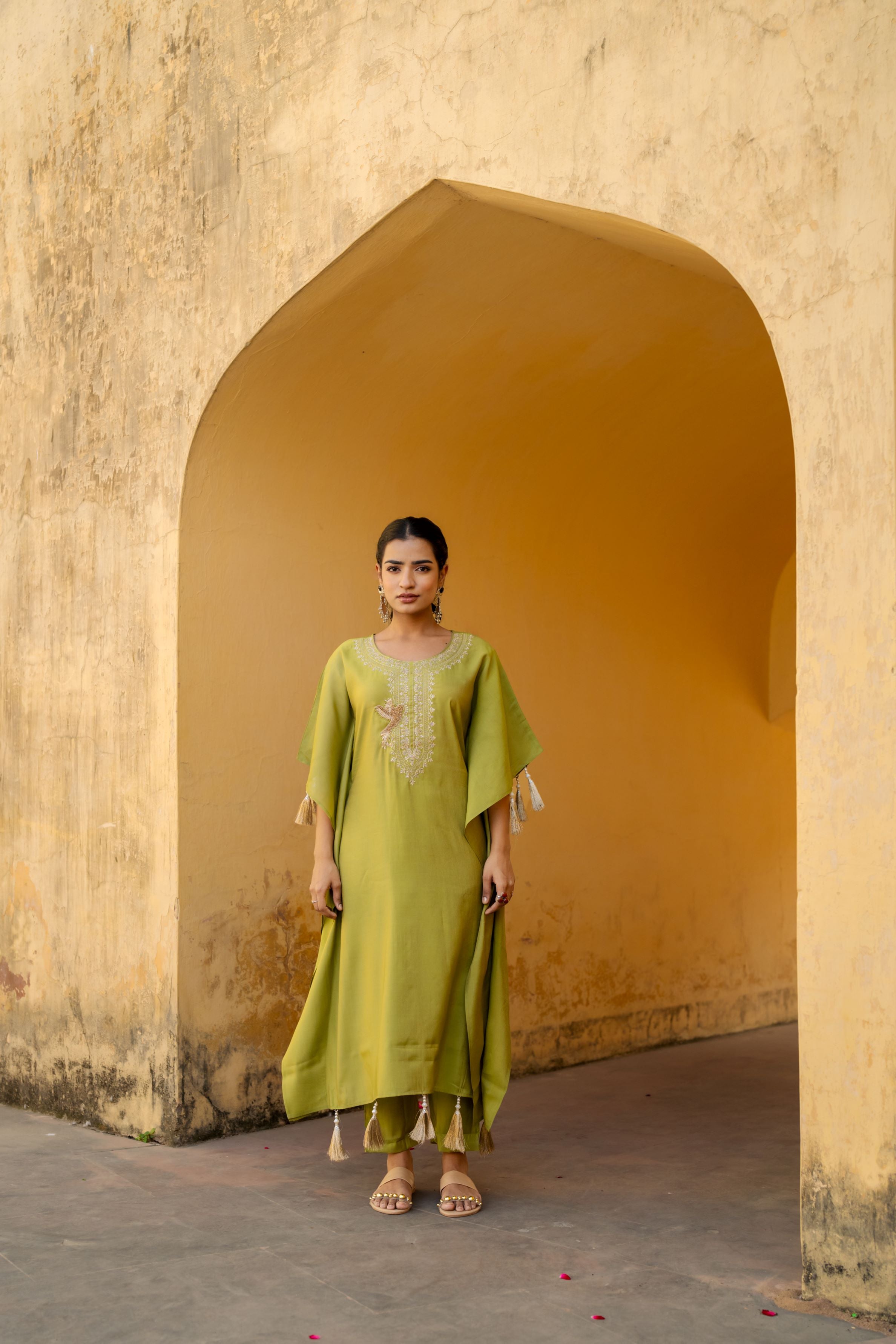 Green Embellished Premium Silk Kaftan Set