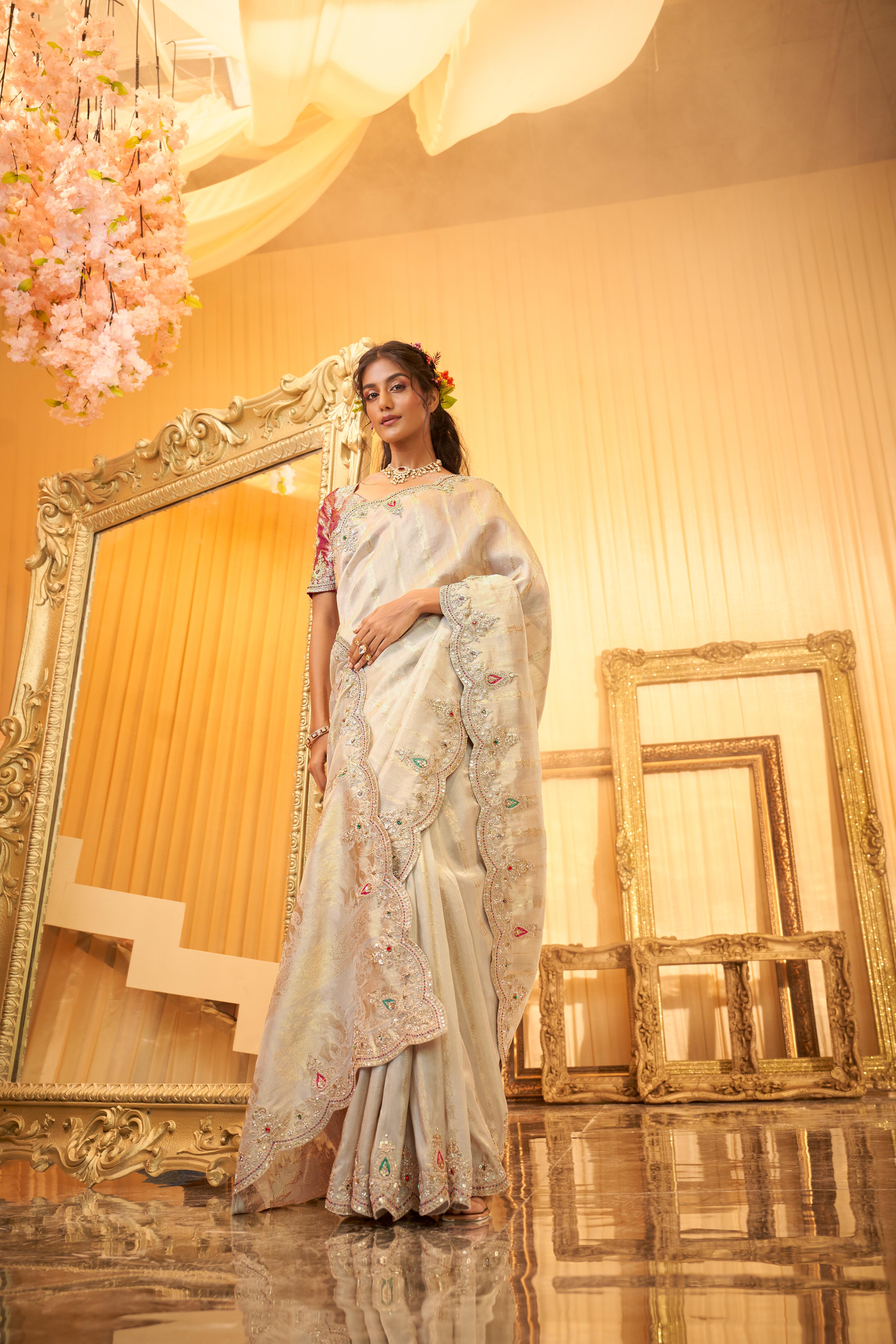 Silvery-White Embellished Premium Silk Saree