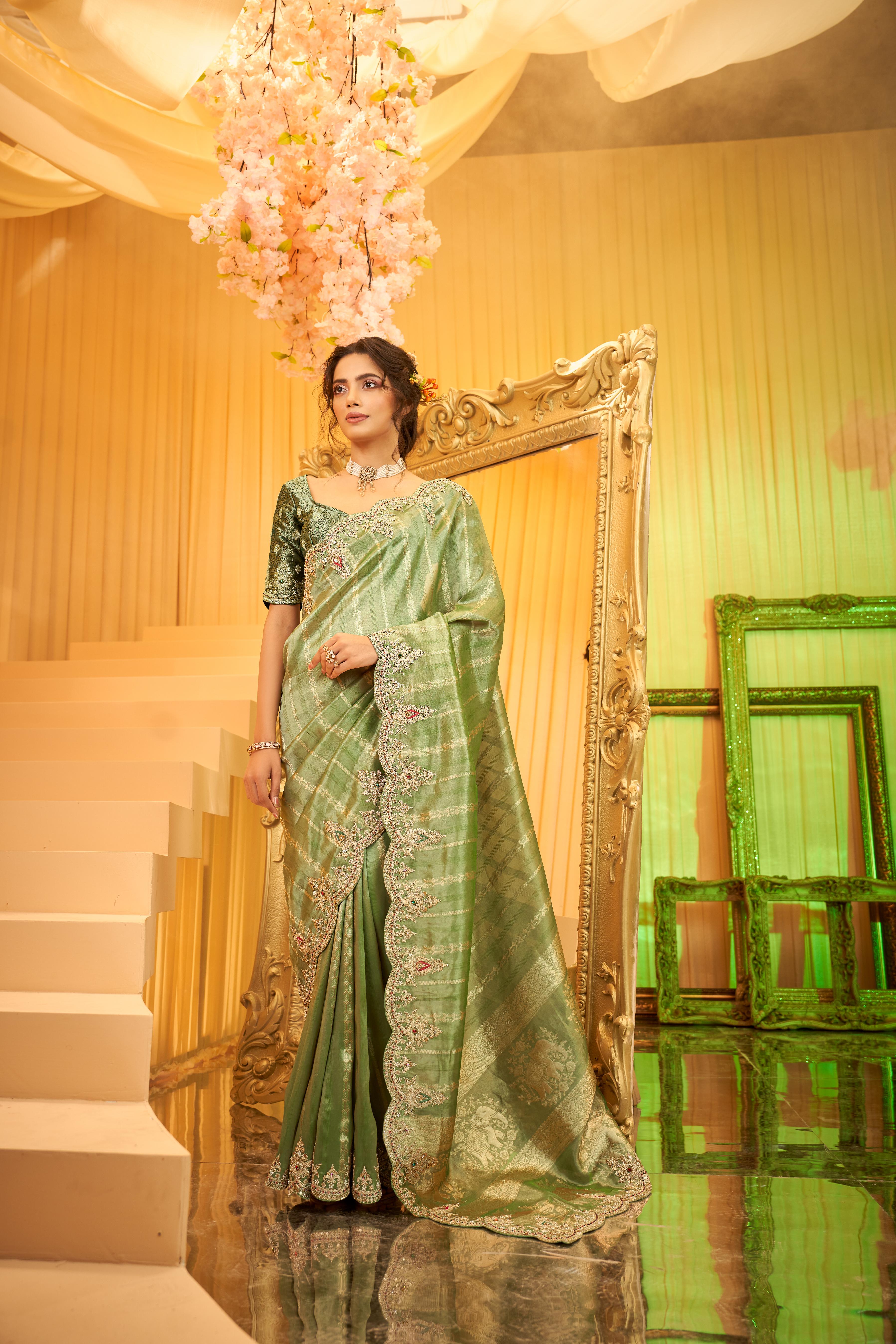 Light Olive Green Embellished Premium Silk Saree