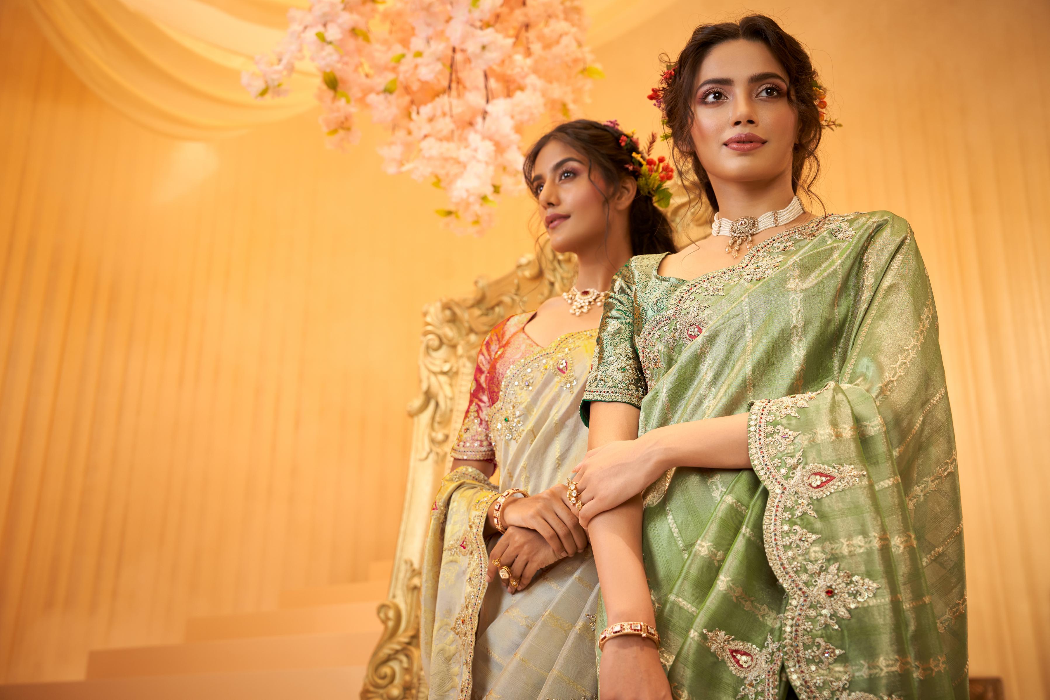 Light Olive Green Embellished Premium Silk Saree