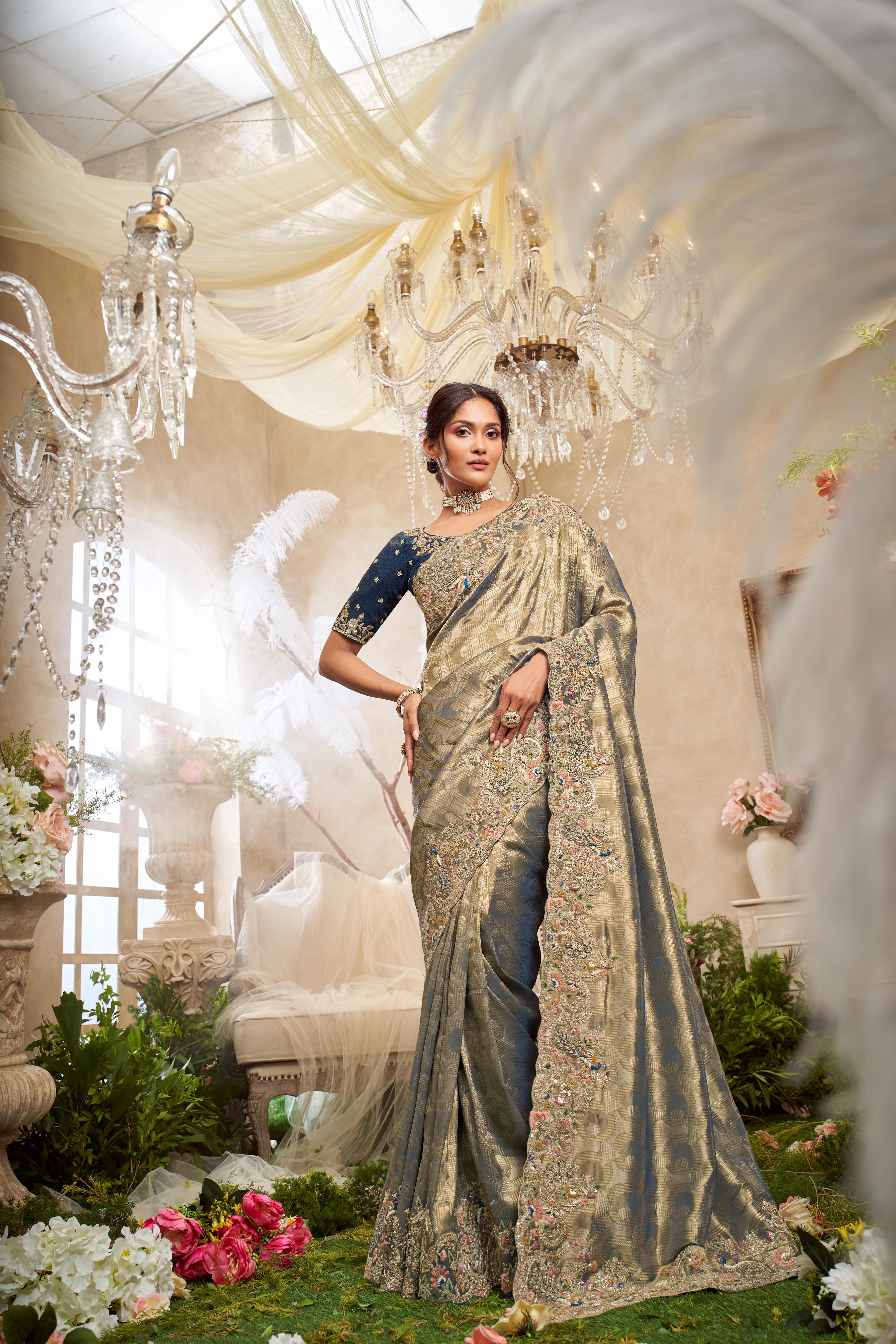 Steel Grey Embellished Shimmer Tissue Silk Saree