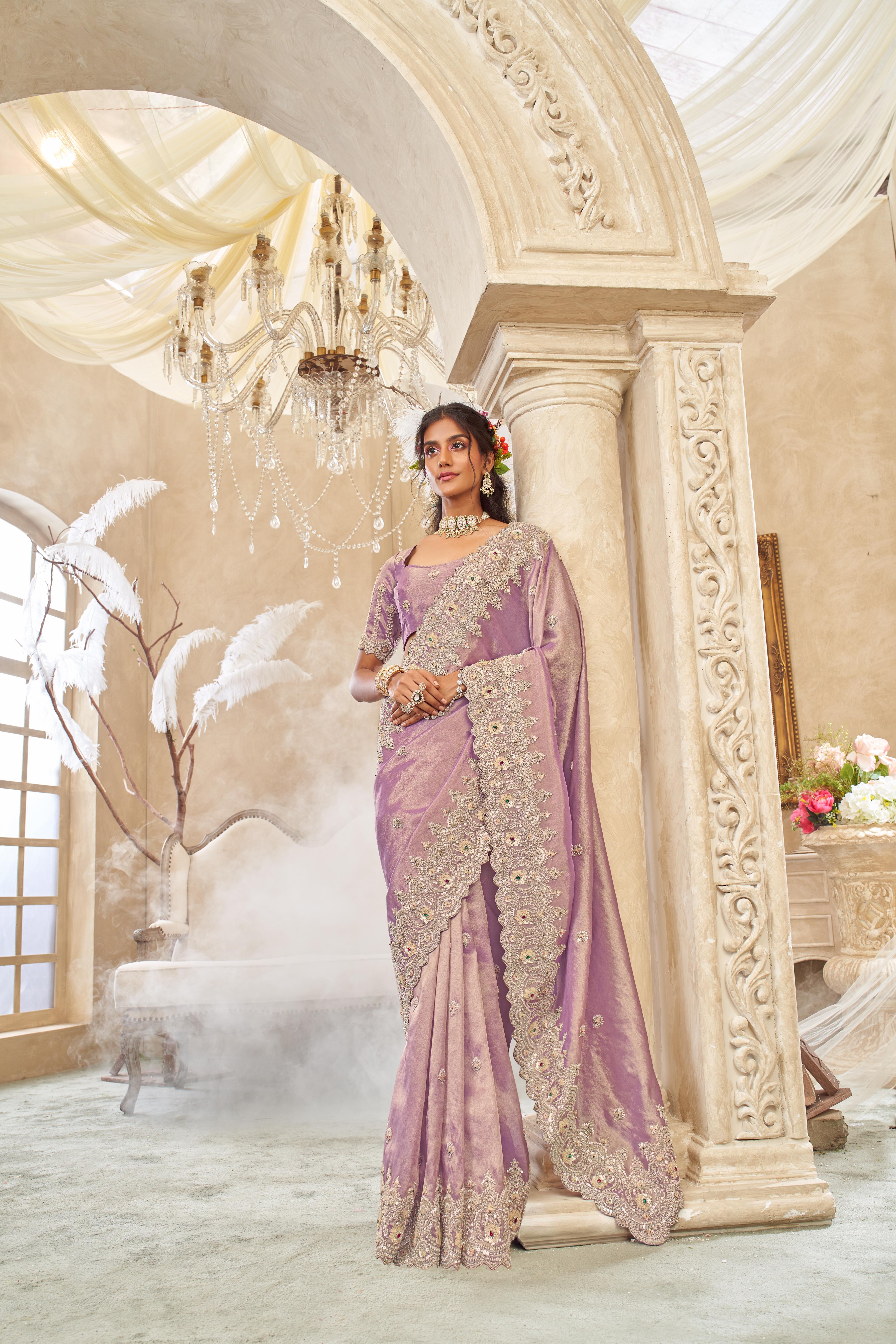 Dusty Lavender Embellished Shimmer Tissue Silk Saree