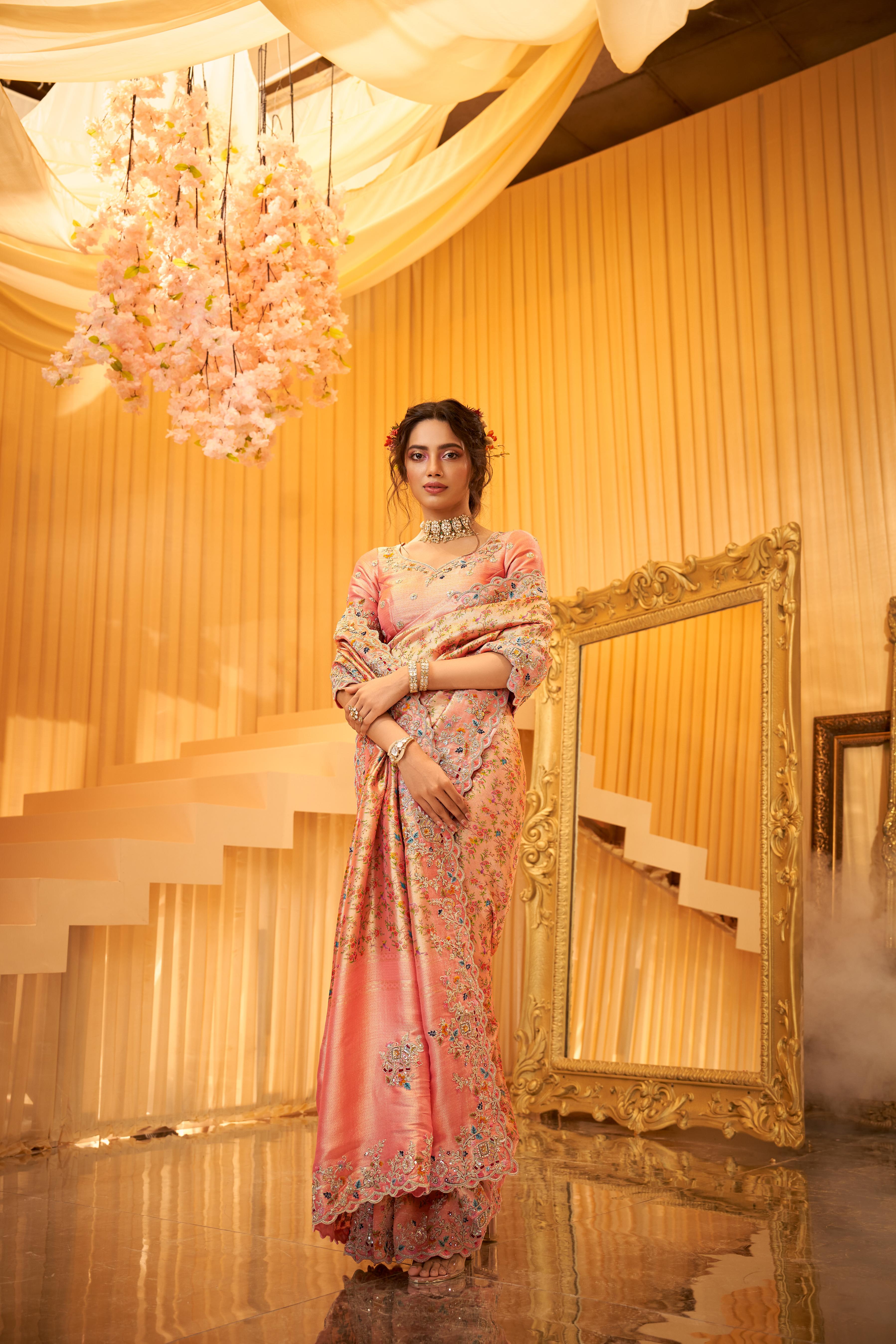 Coral Pink Embellished Shimmer Tissue Silk Saree