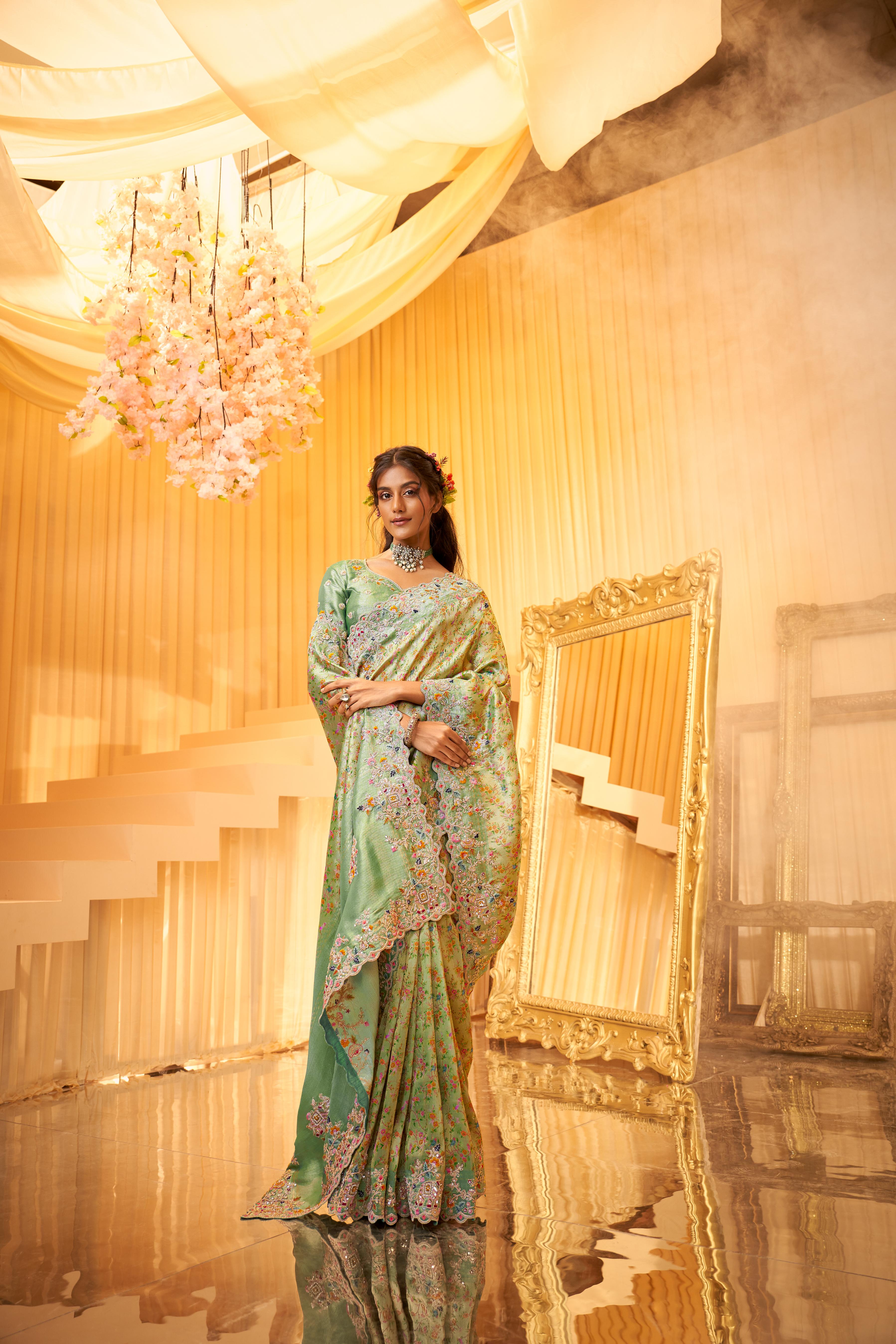 Sage Green Embellished Shimmer Tissue Silk Saree