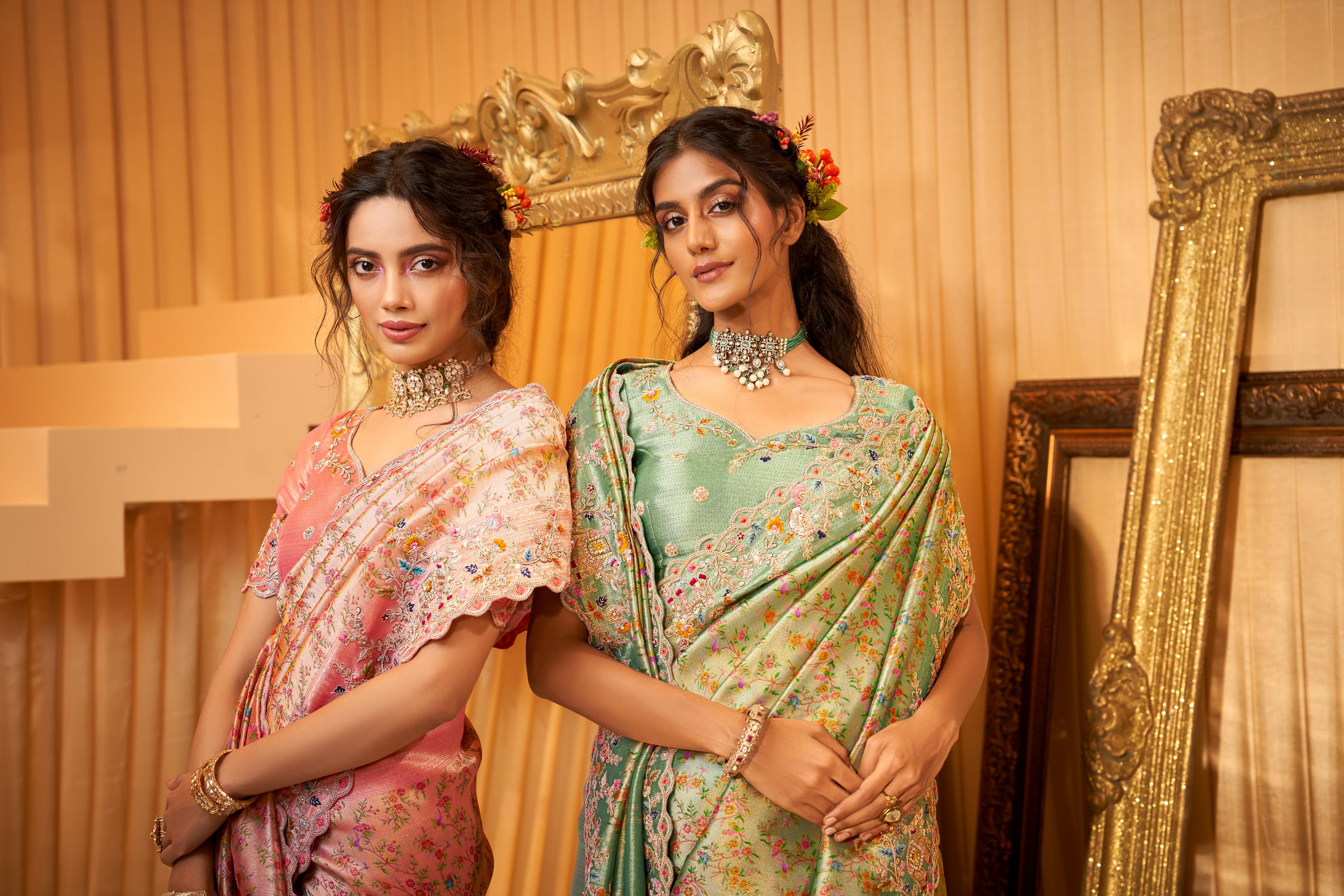 Coral Pink Embellished Shimmer Tissue Silk Saree