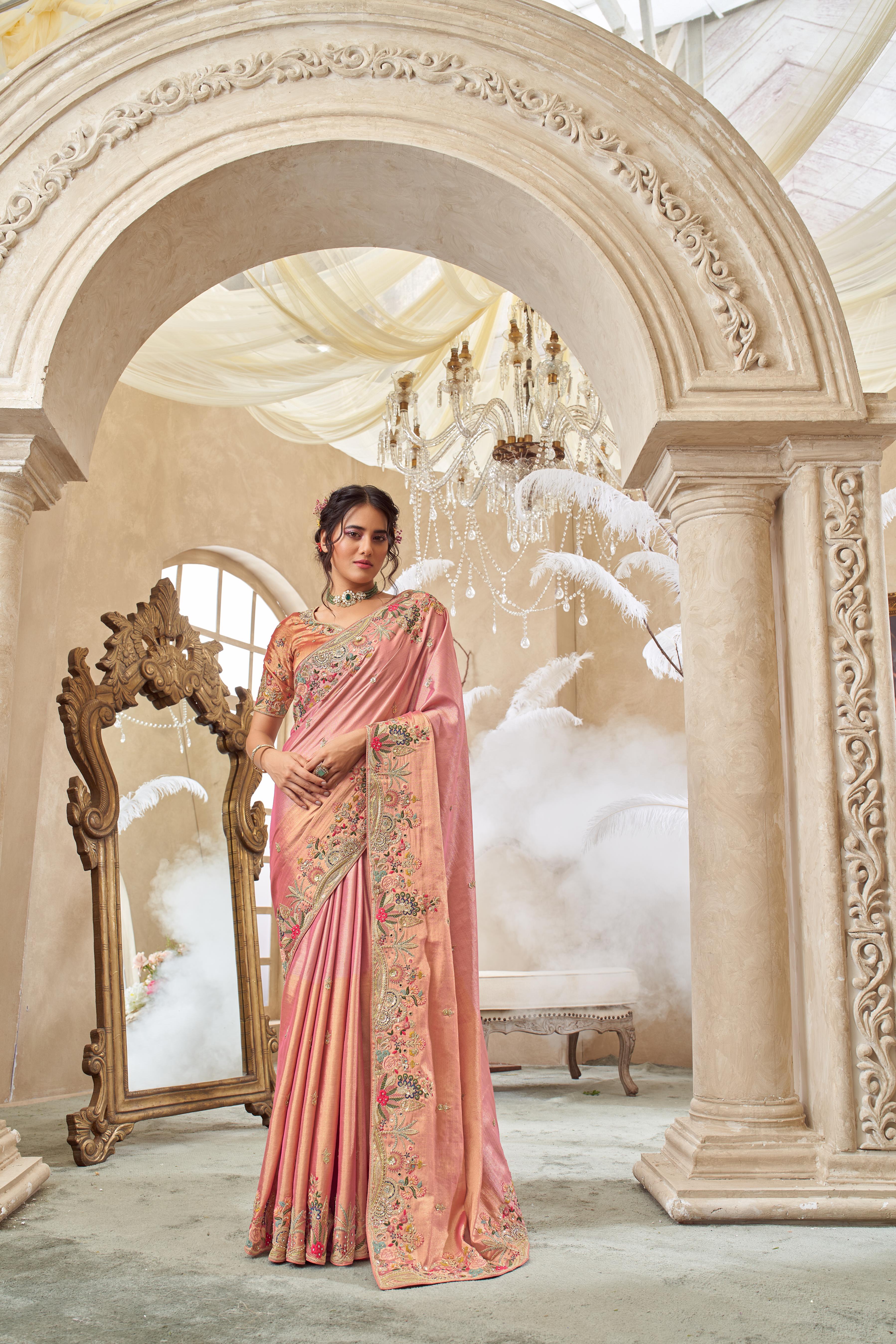 Royal Pink Embellished Shimmer Tissue Silk Saree