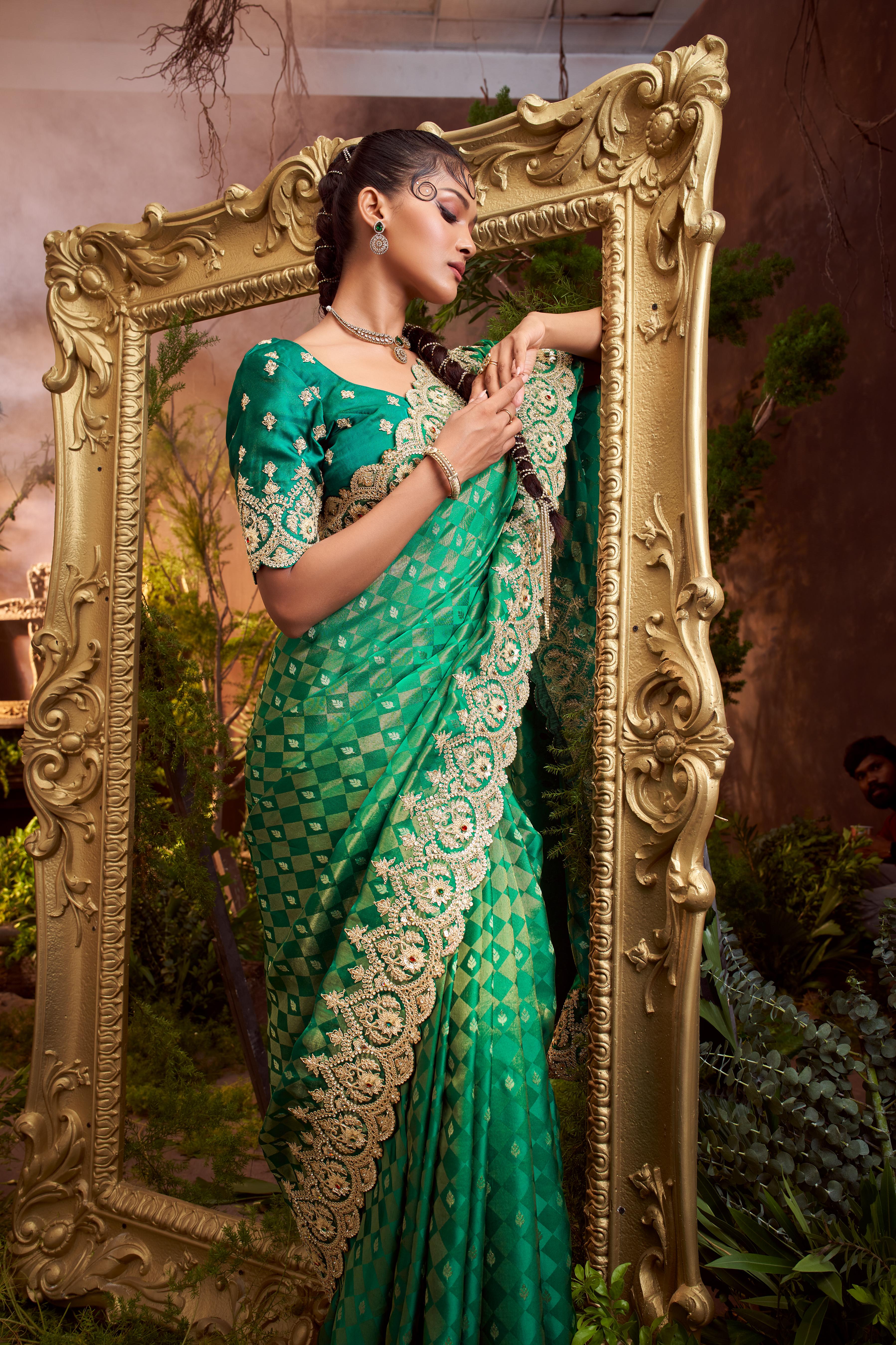 Dark Green Embellished Premium Silk Saree