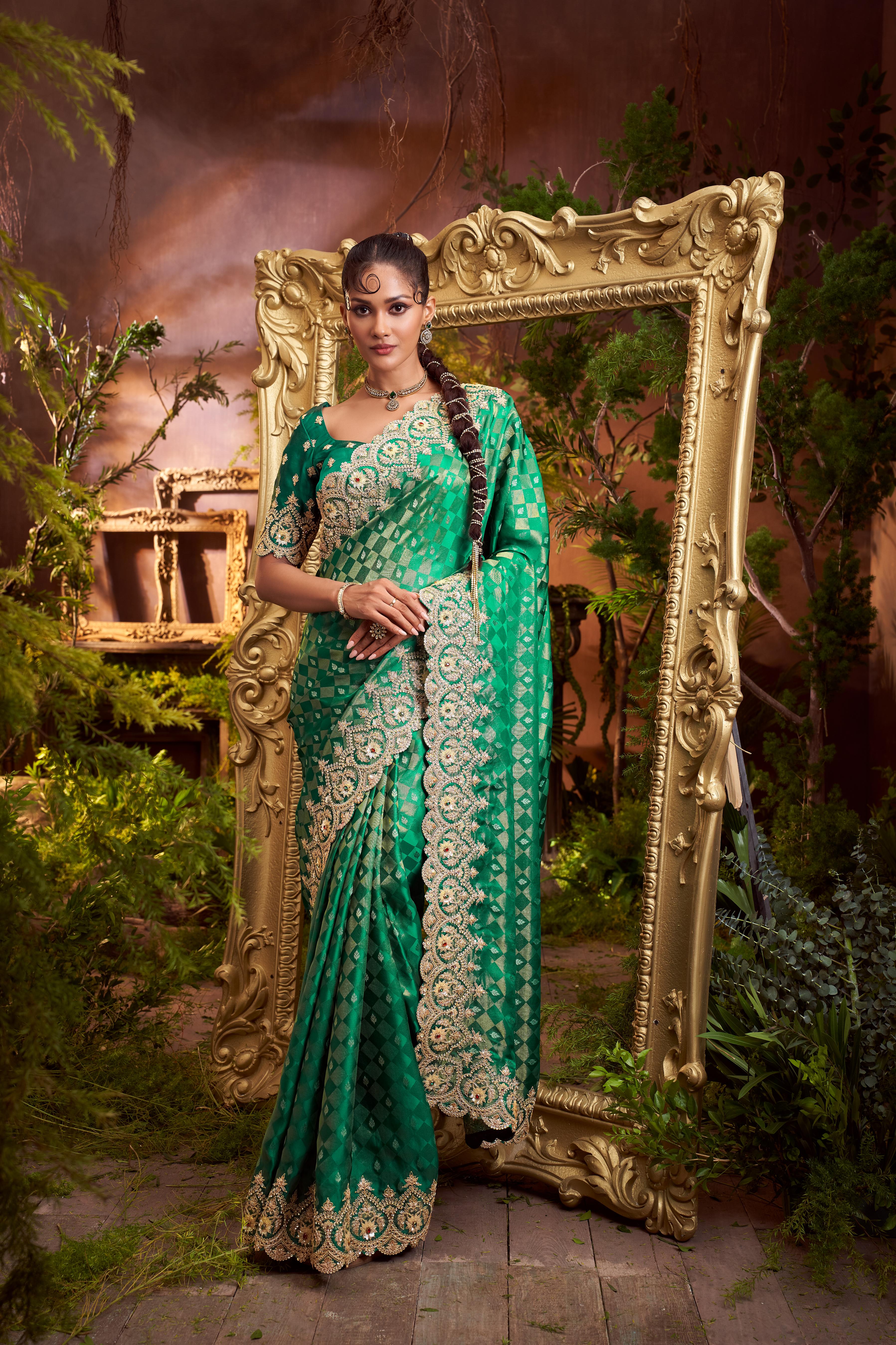 Dark Green Embellished Premium Silk Saree