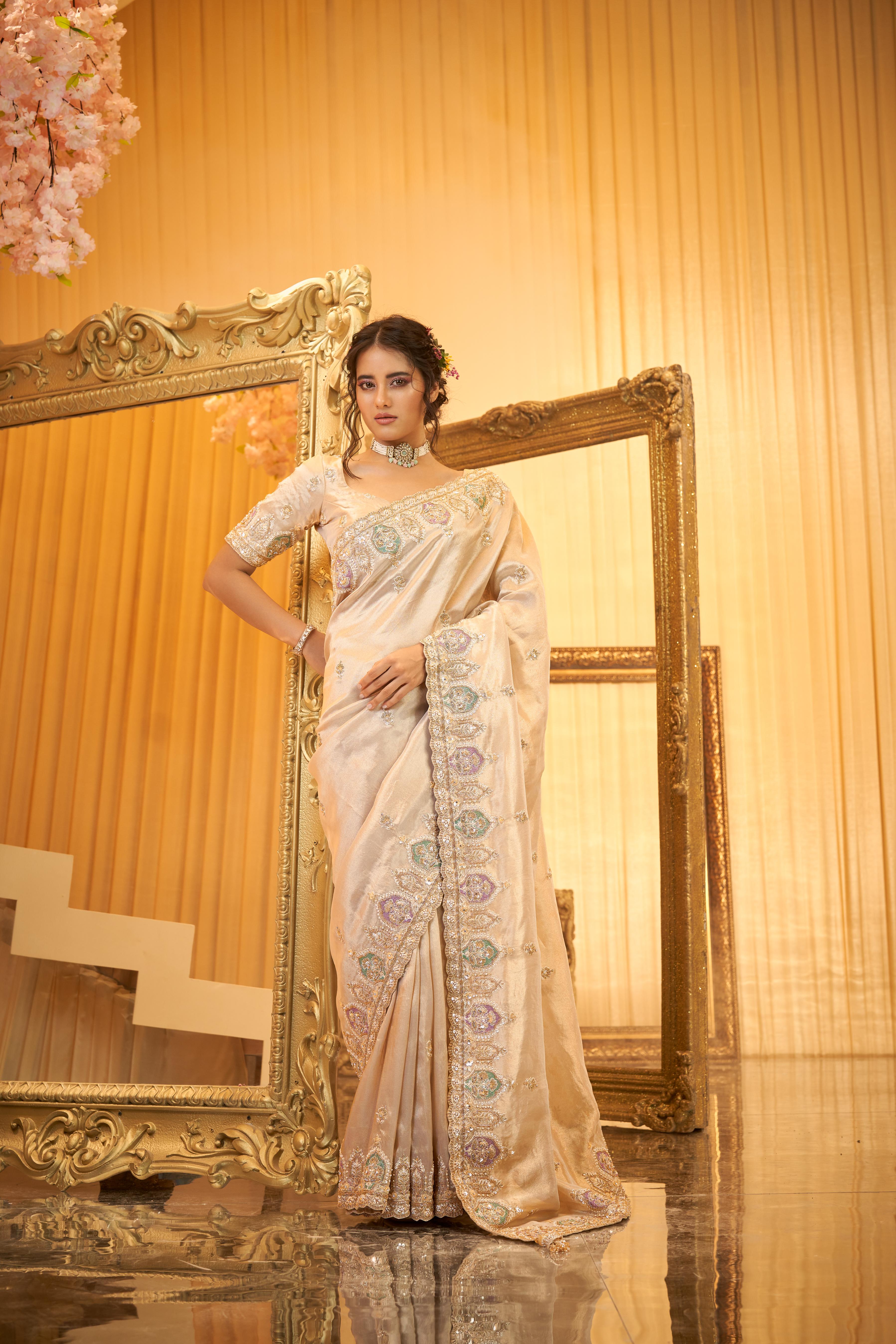 Light Beige Embellished Shimmer Tissue Silk Saree