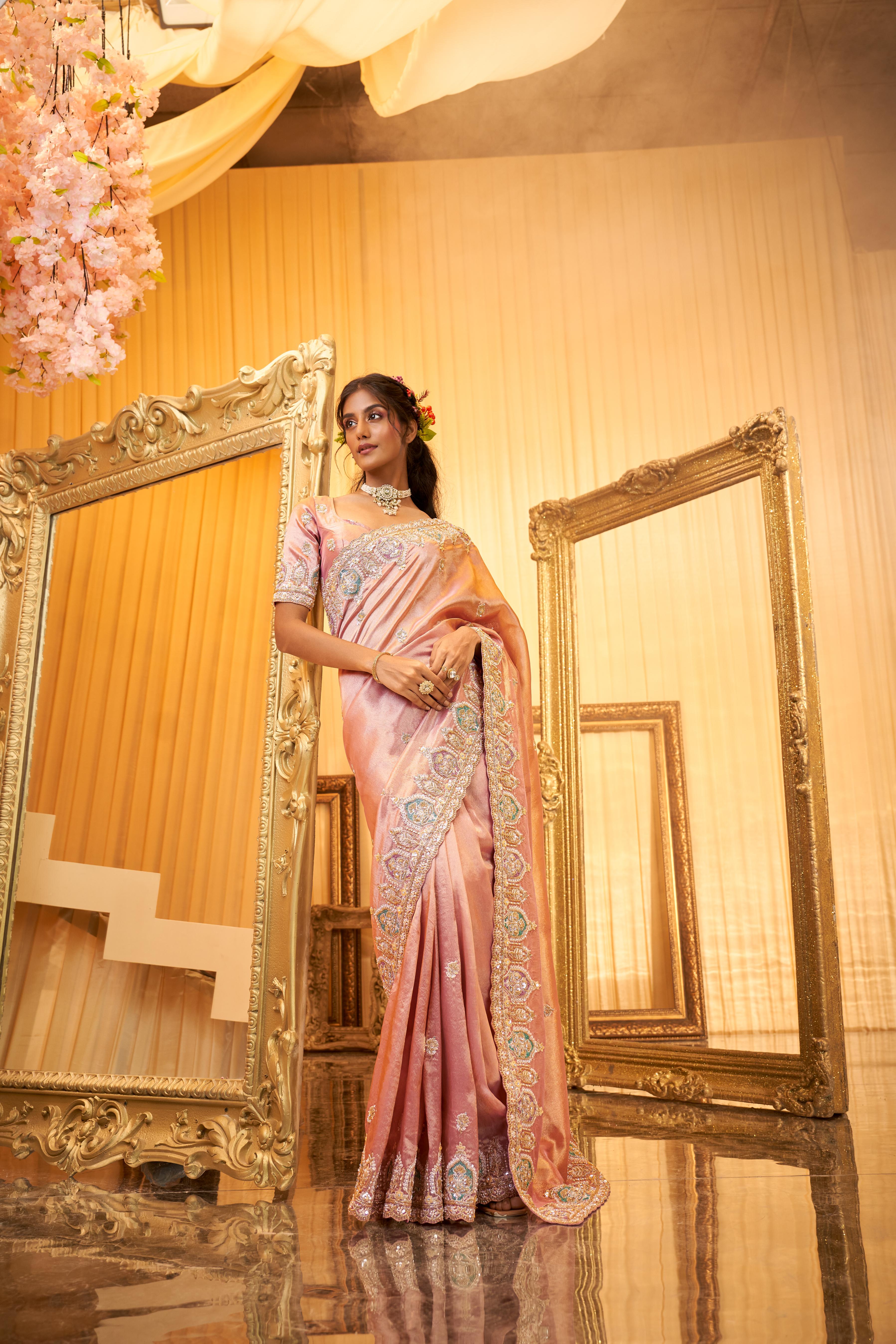 Mauve Pink Embellished Shimmer Tissue Silk Saree