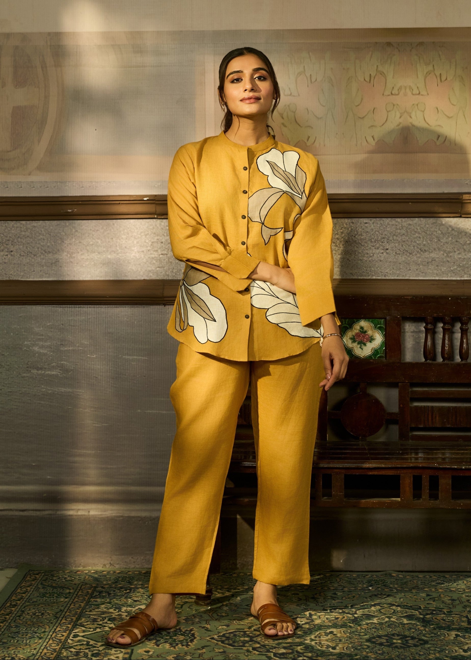 Mustard Yellow Applique Linen Co-ord Set