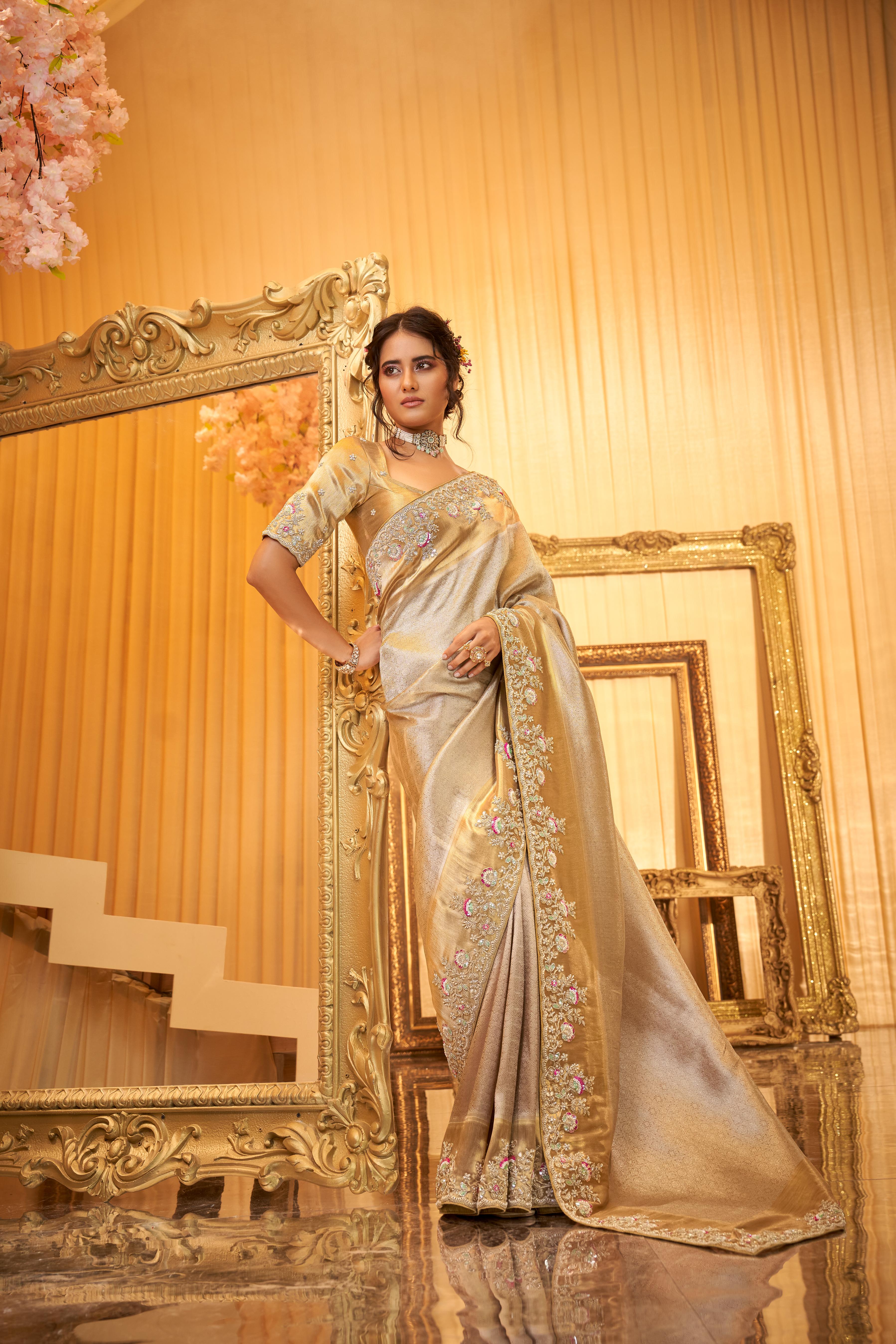 Champagne Gold Embellished Dola Silk Saree