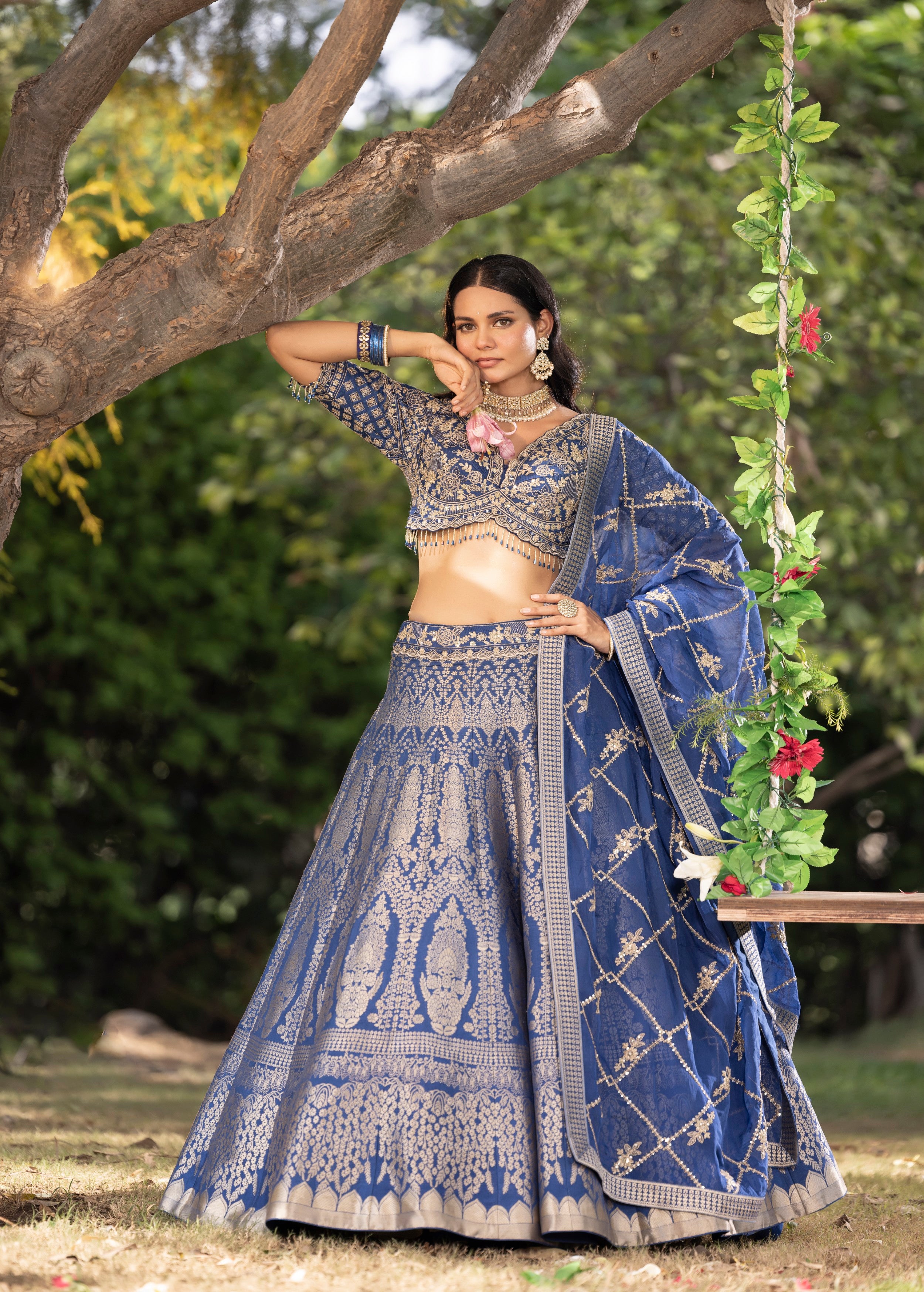 Royal Blue Embellished Banarasi Silk Lehenga Set