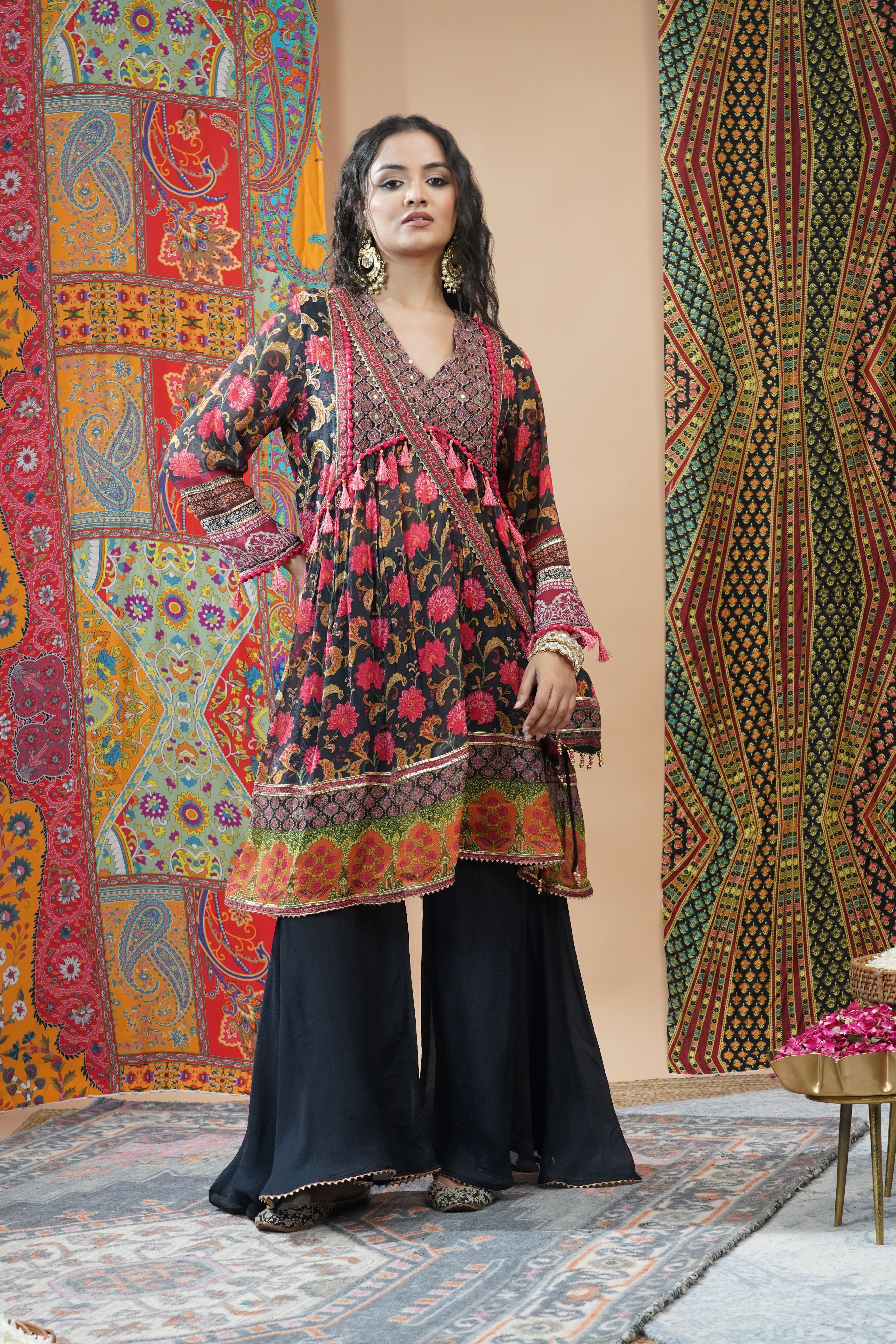 Black Traditional Printed Chinon Silk Palazzo Set