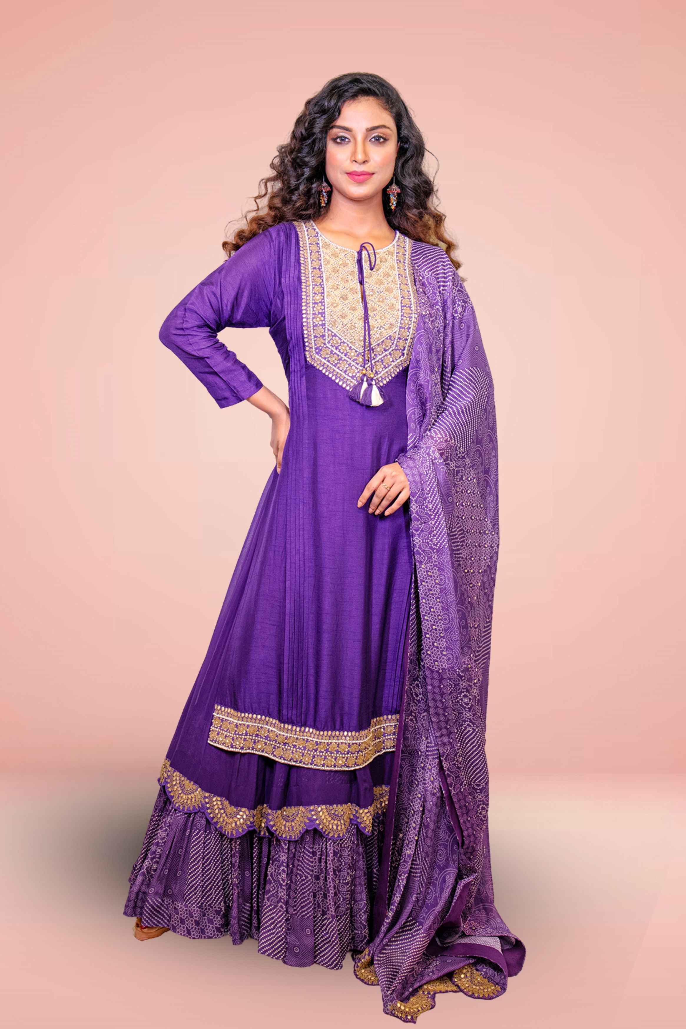 Purple Embellished Premium Silk Anarkali Set