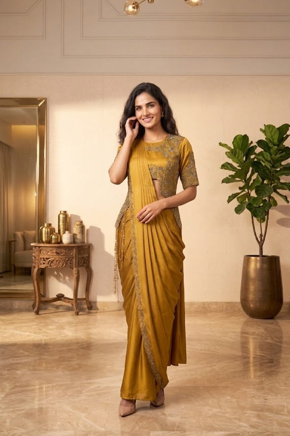 Mustard Yellow Embellished Satin Silk Draped Saree