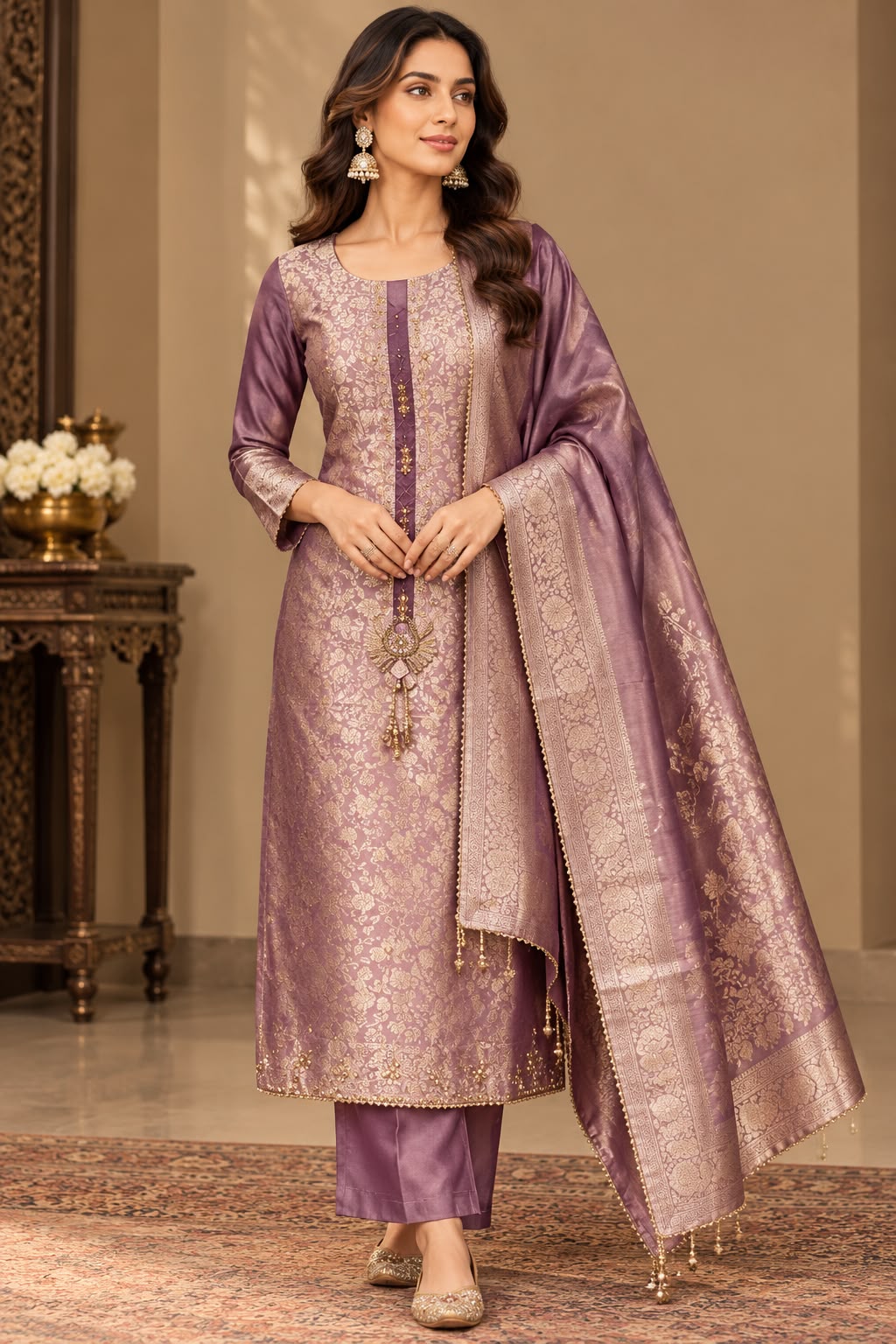 Mauve Embellished Brocade Silk Unstitched Suit Set
