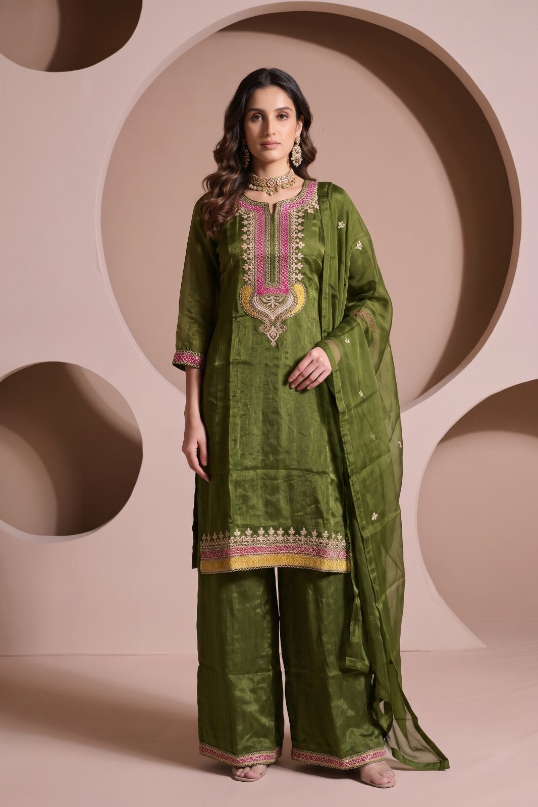 Rich Olive Embellished Organza Silk Palazzo Set