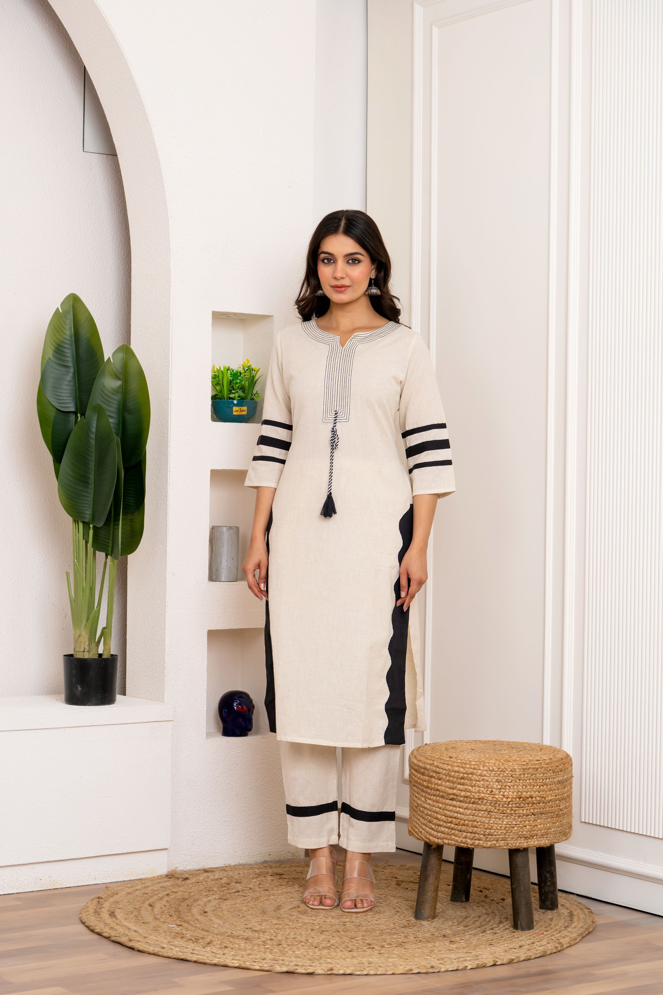 Off-White Embroidered Linen Kurta & Pants Set