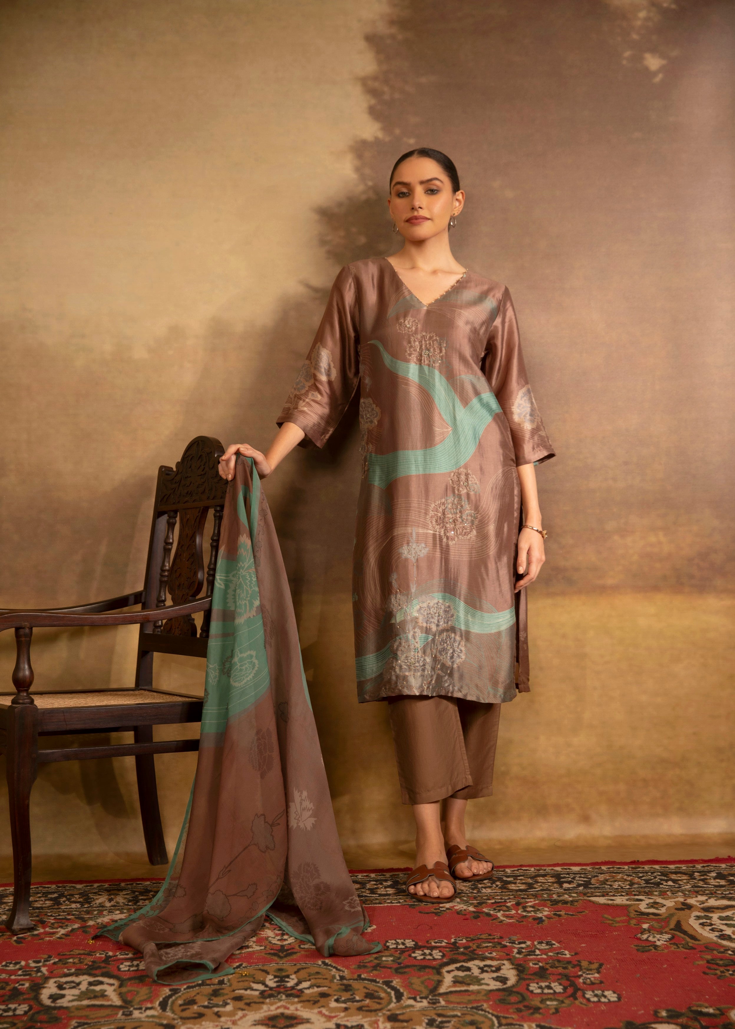 Bronze Brown Printed Satin Silk Pant Set