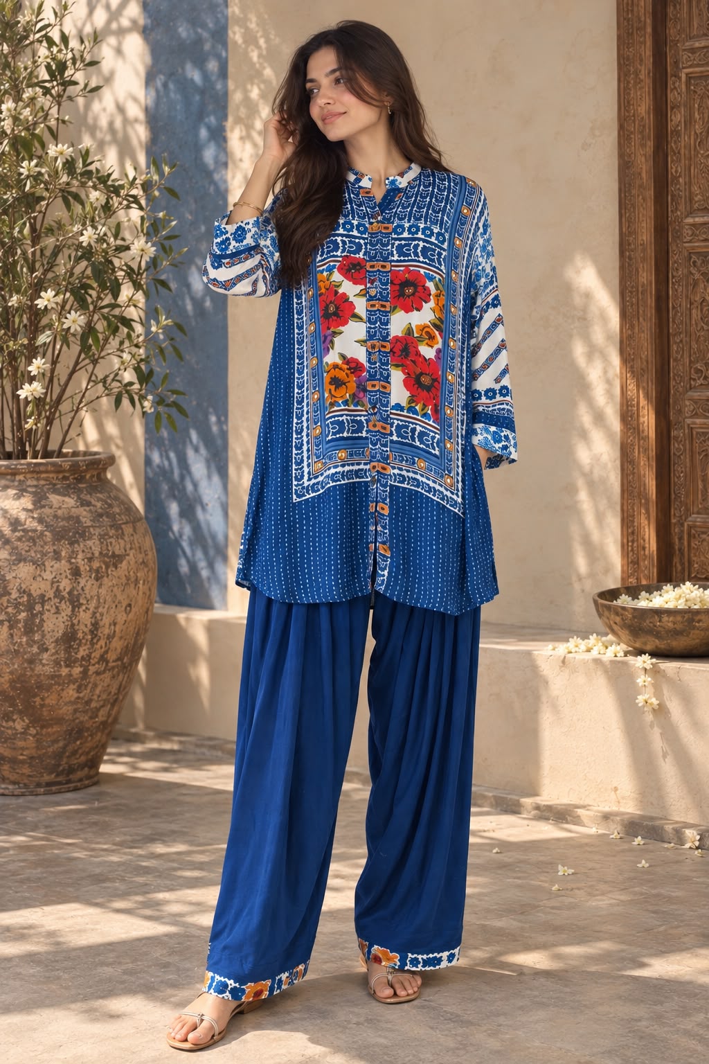 Sapphire Blue Printed Crepe Silk Salwar Set