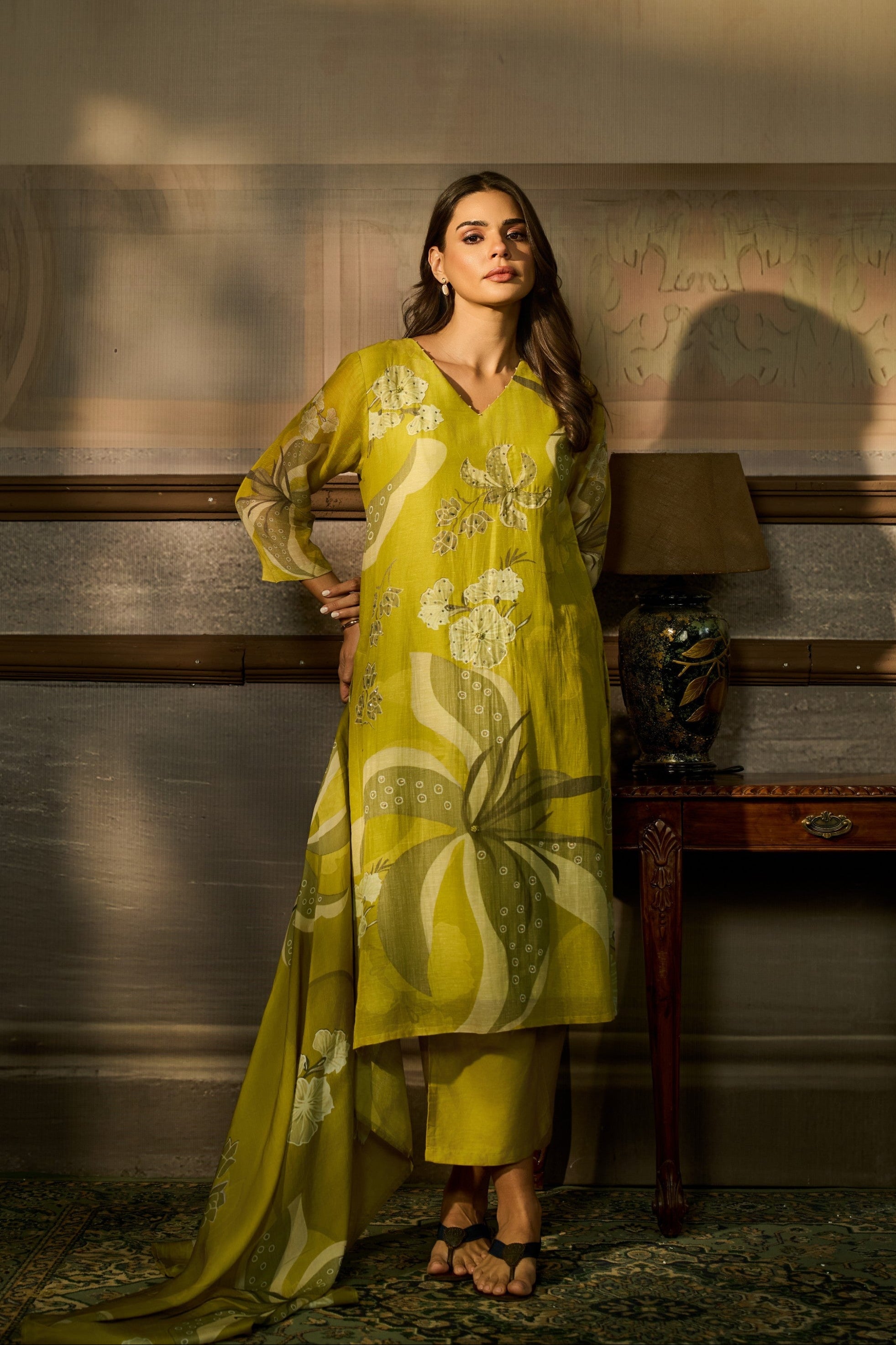 Chartreuse Green Embellished Linen Pant Set