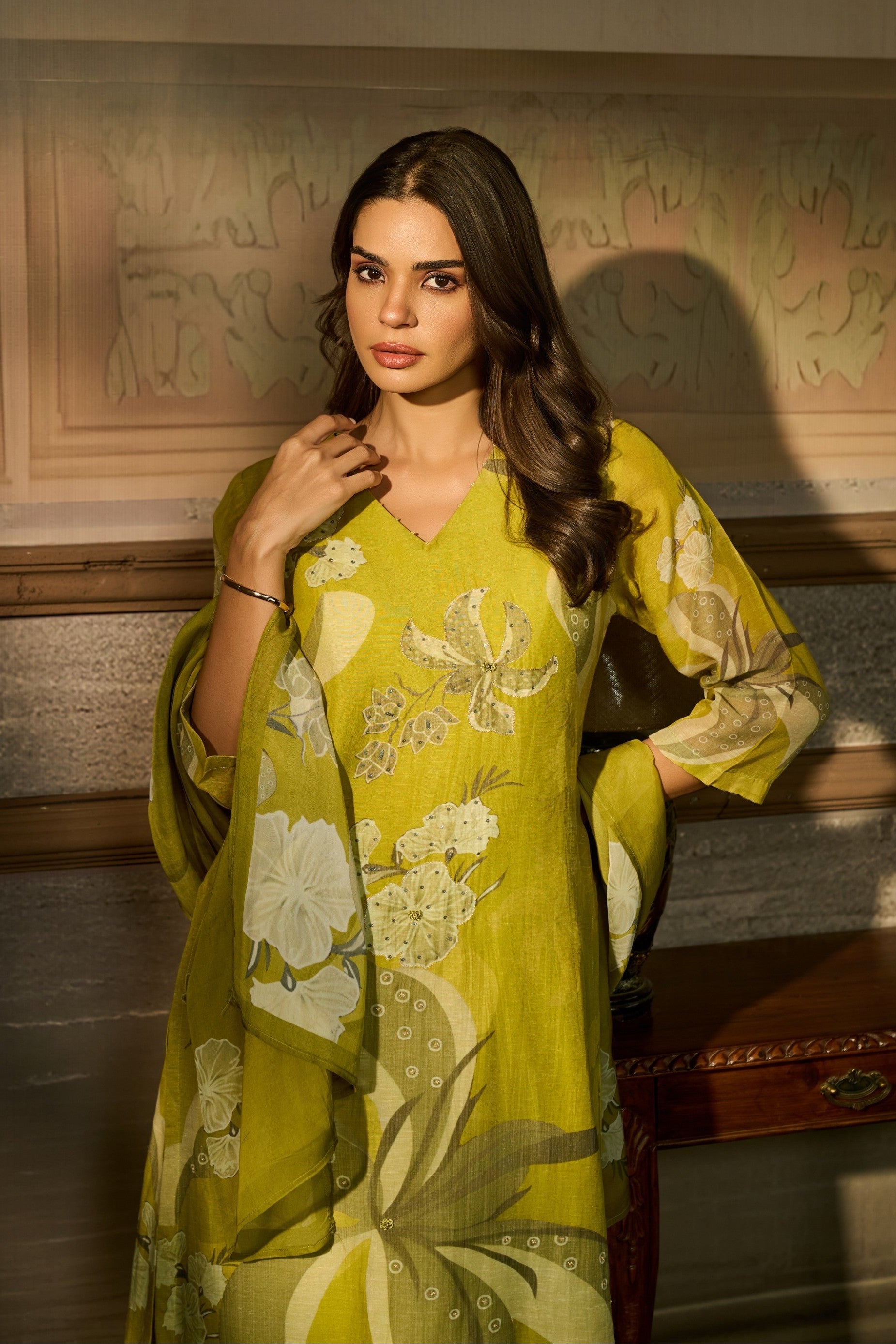 Chartreuse Green Embellished Linen Pant Set