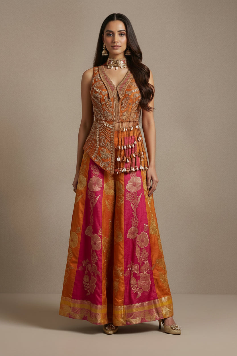 Urban Sunset Embellished Raw Silk Palazzo Set