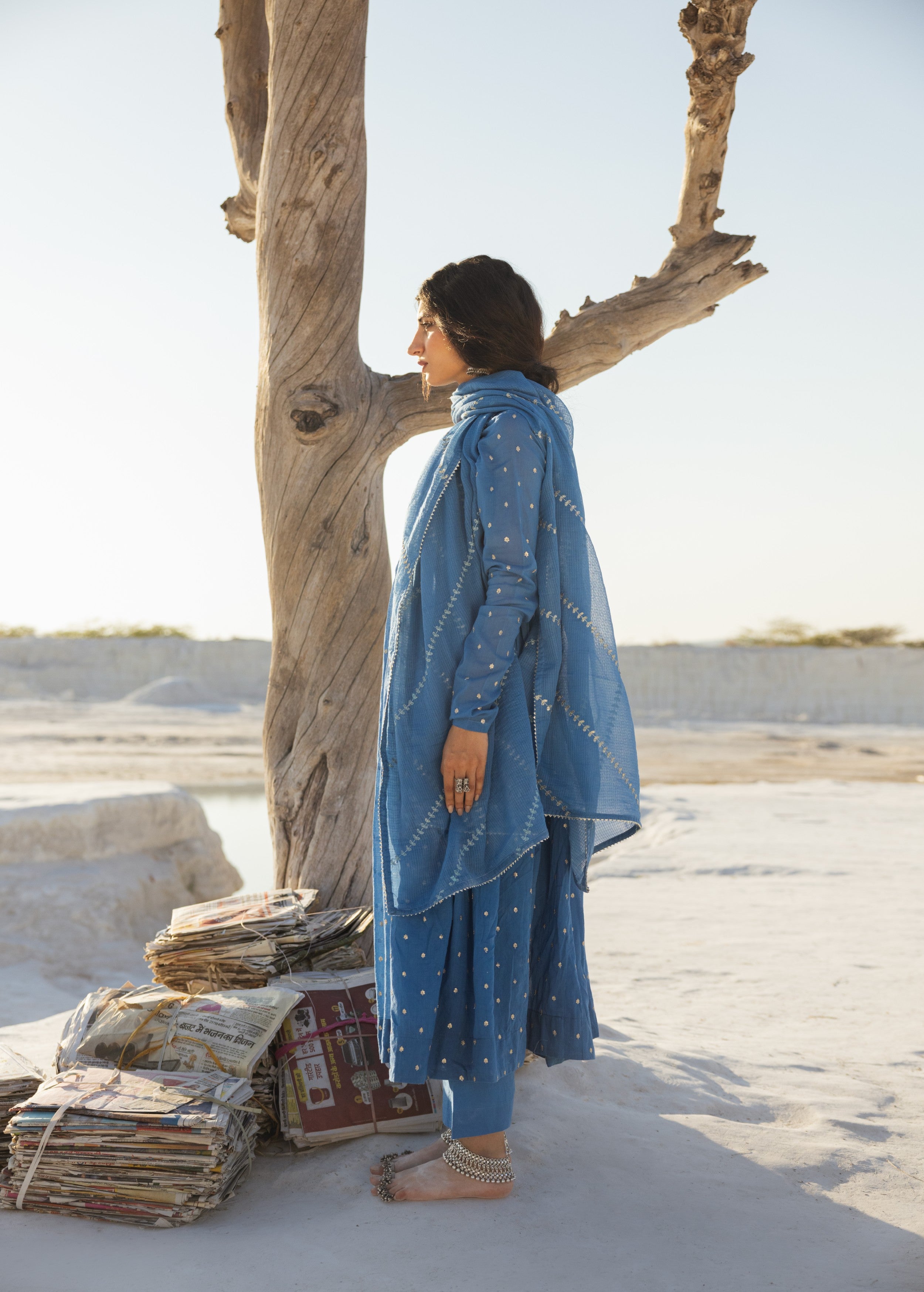 Slate Blue Embellished Mul Cotton Anarkali Set