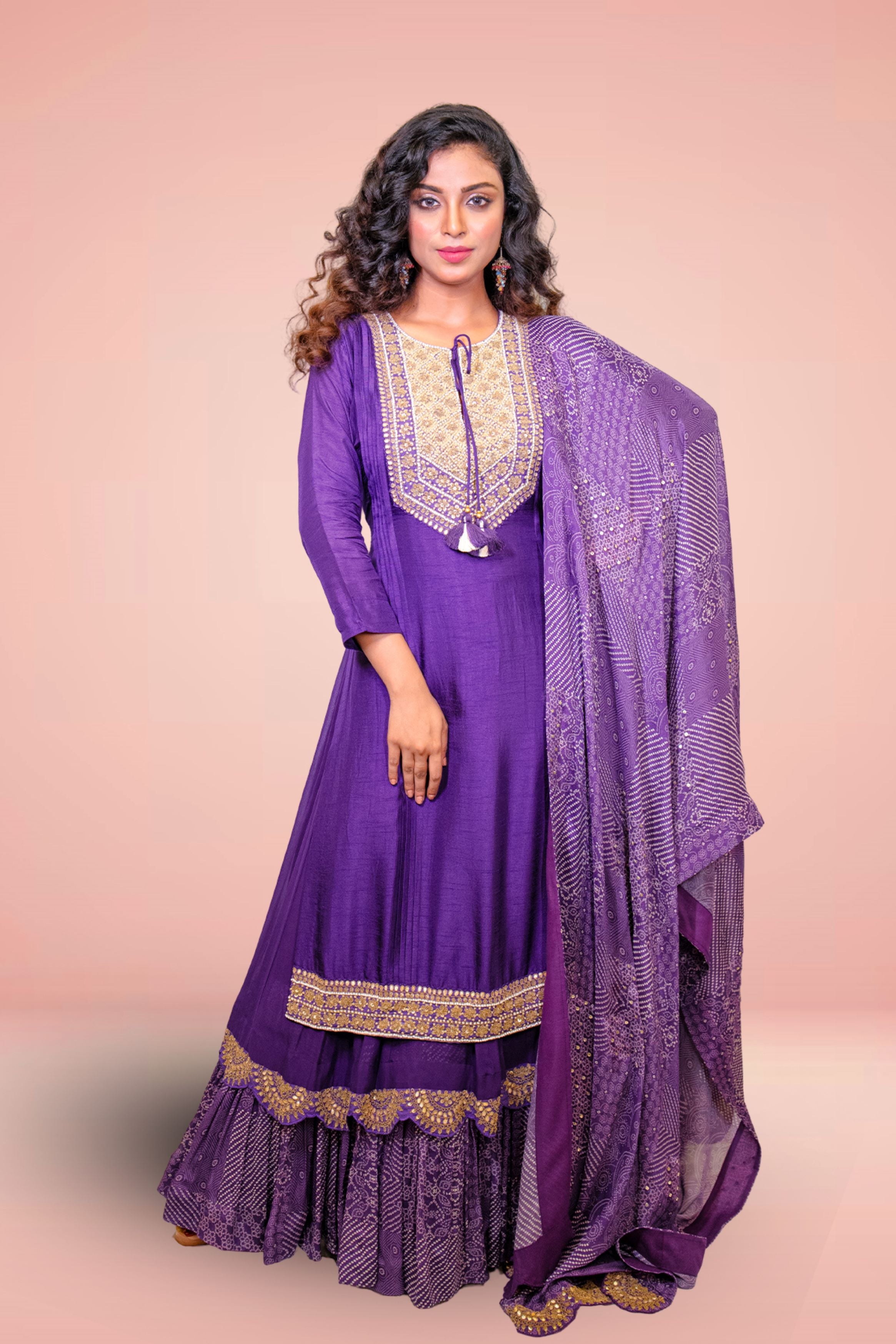 Purple Embellished Premium Silk Anarkali Set