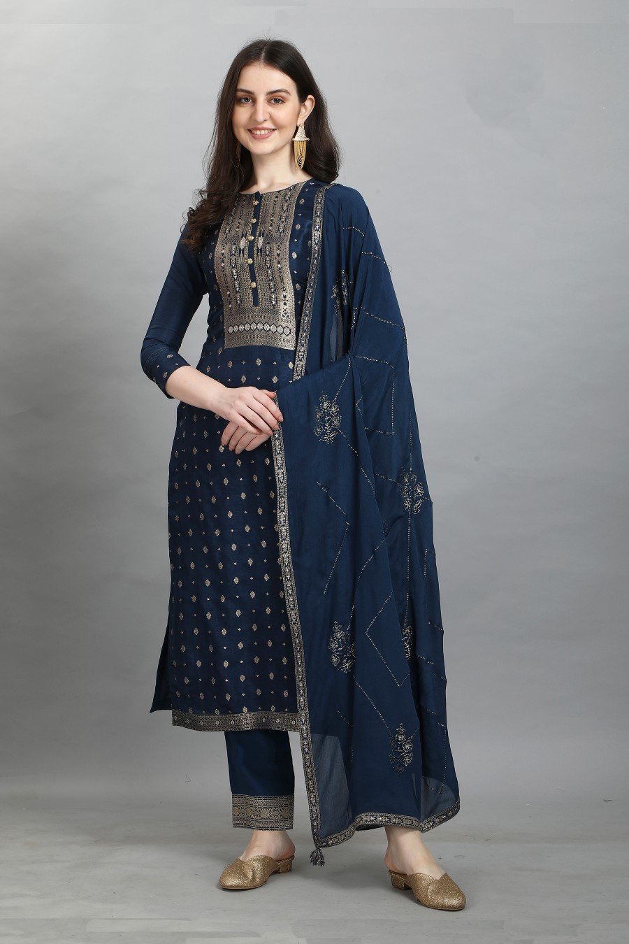 Midnight Blue Banarasi Silk Kurta Set with Dupatta