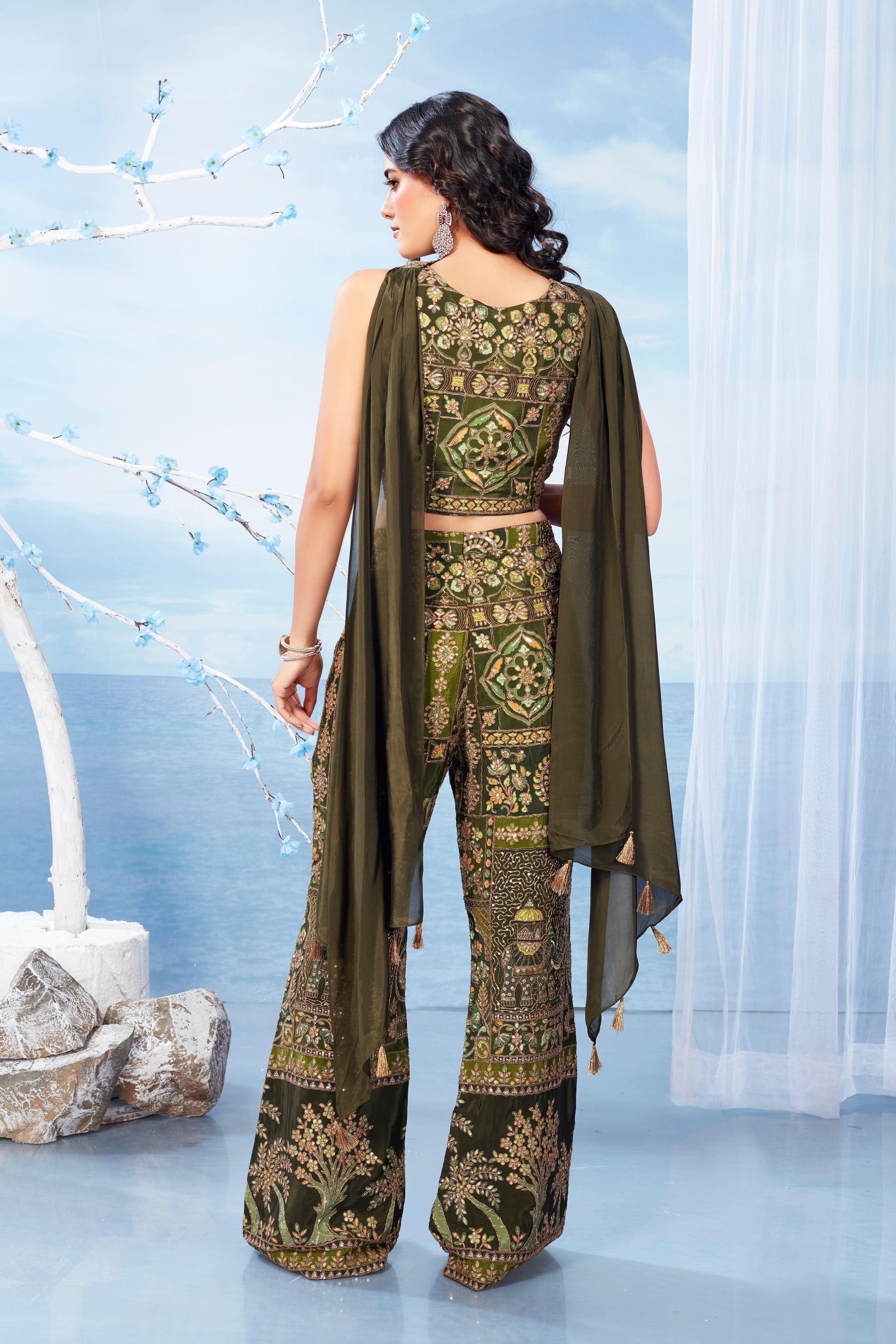 Green Embellished Italian Silk Palazzo Set